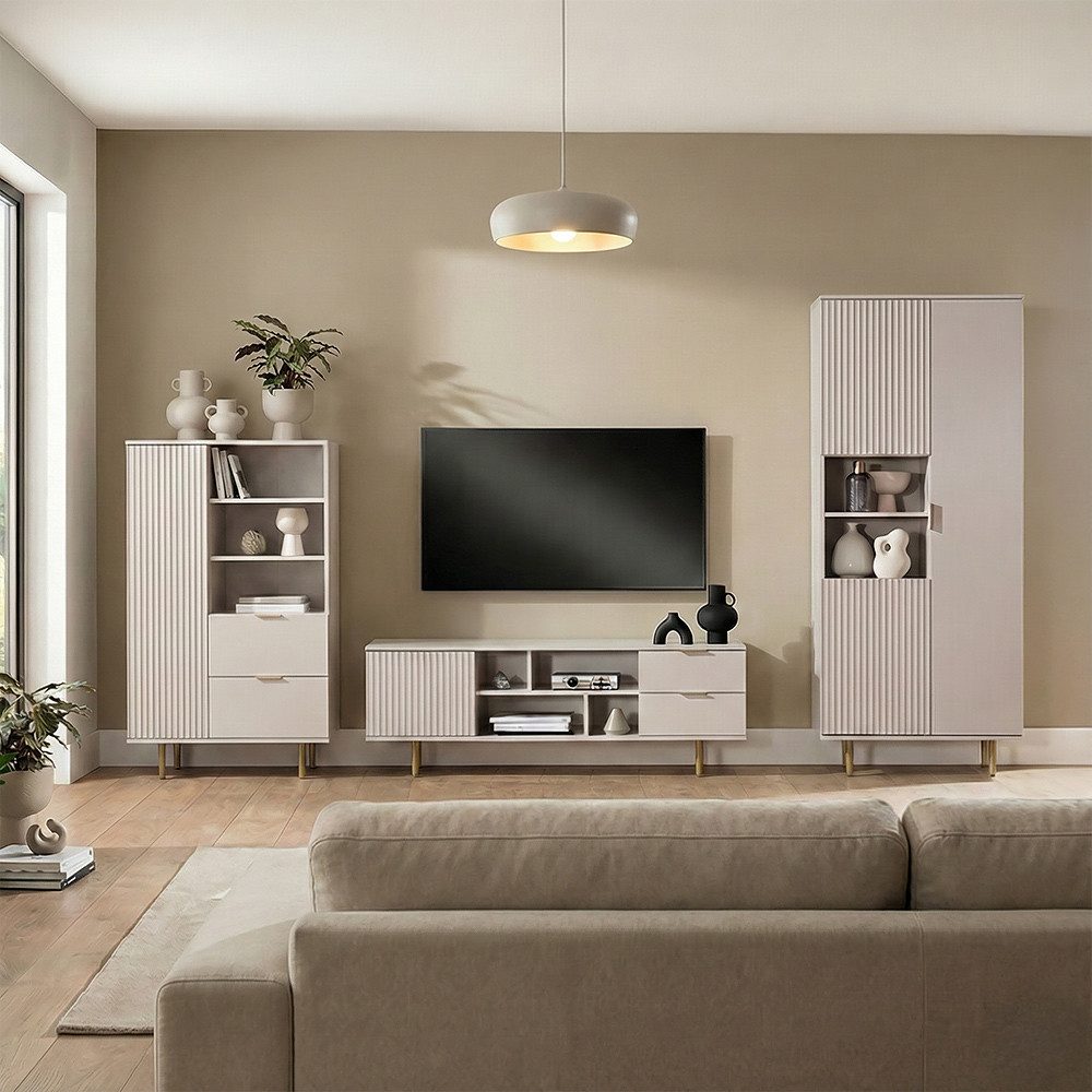 Lomadox Wohnzimmer-Set NADOR-132, (Mega-Spar-Set, 3-St., Lowboard Highboard Vitrine), Kaschmir mit goldfarbenen Metallgriffen und -füßen, Front Rillenoptik