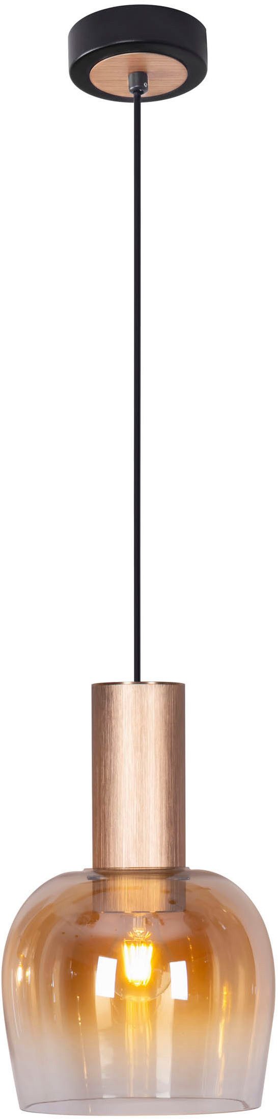 näve Pendelleuchte Funda, Leuchtmittel wechselbar, 1flg., Glas in amber D: 23,5cm, Zuleitung 150cm schwarz, E27 exkl. LM