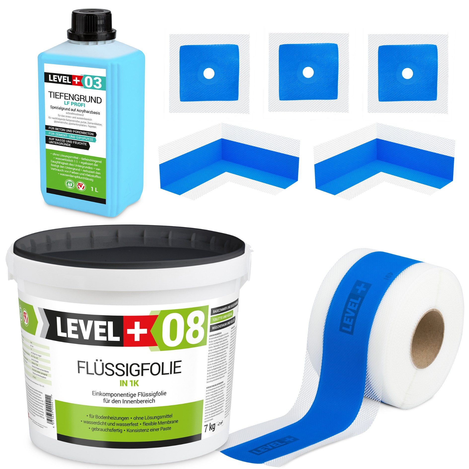 Level+ Dichtstoff Dichtset Duschabdichtung Dichtband Flüssigfolie 7kg SET345