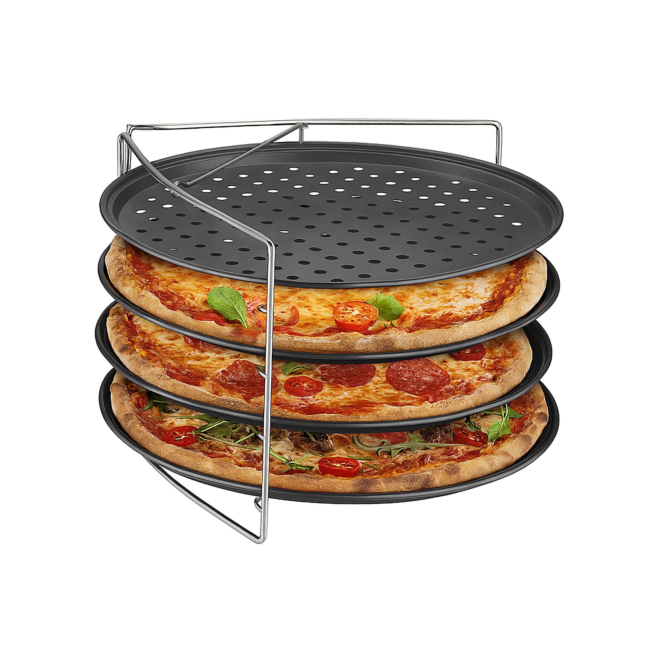 relaxdays Pizzablech Loch Pizzablech 4er Set mit Gestell, Edelstahl