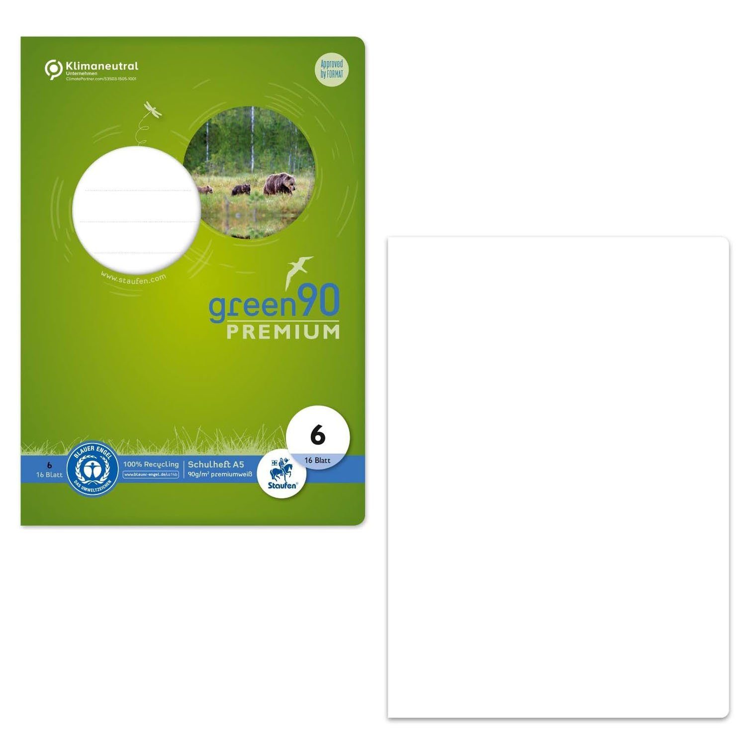 Staufen Schulheft STAUFEN Green Schulheft Lin6 A5 16 Blatt 90g/qm blanko