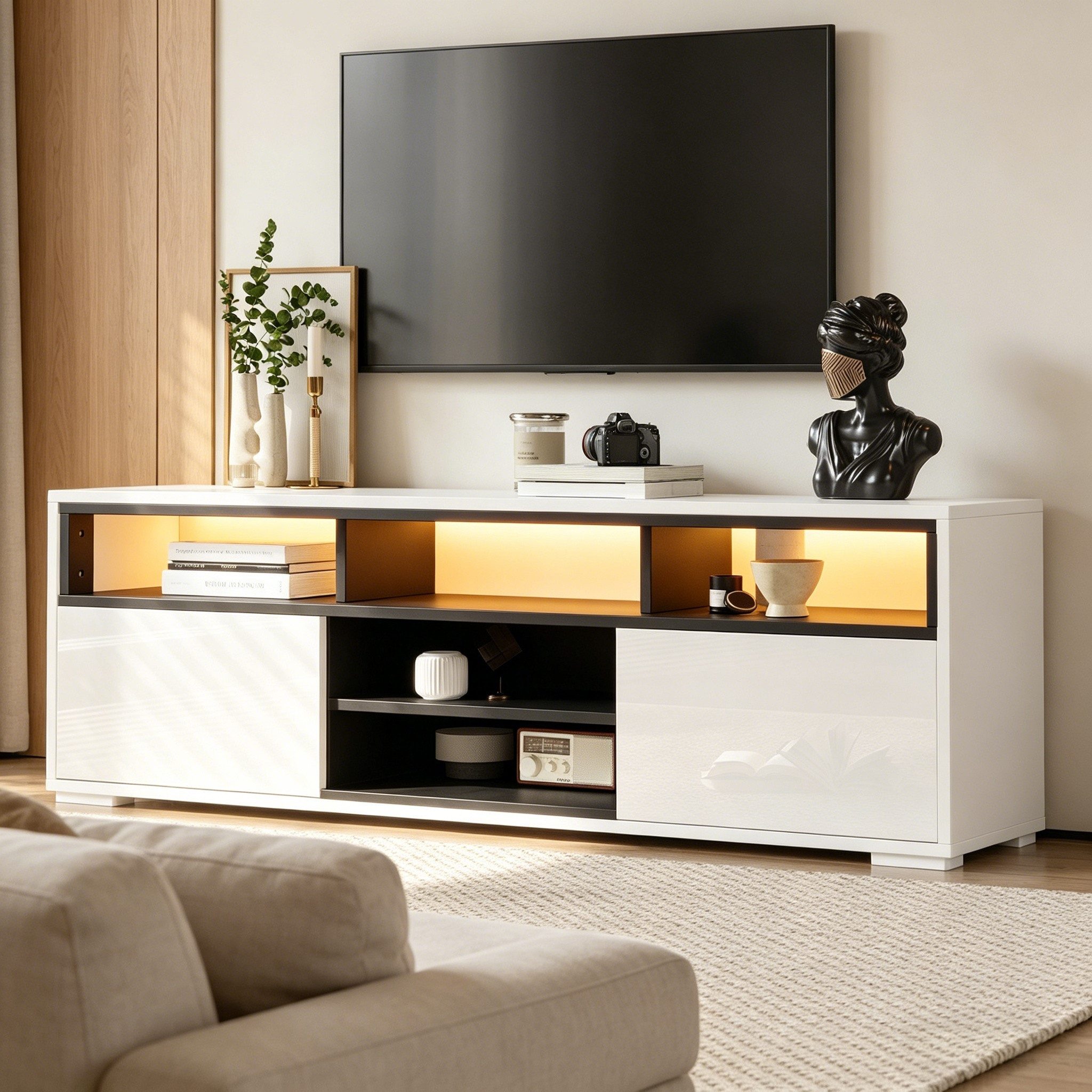 Merax Lowboard hochglanz Fernsehschrank mit LED-Beleuchtung (150 × 35 × 50 cm, 1 St), TV-Board TV-Schrank mit 2 Türen, 8 Fächer, Stauraum & Kabelmanagement