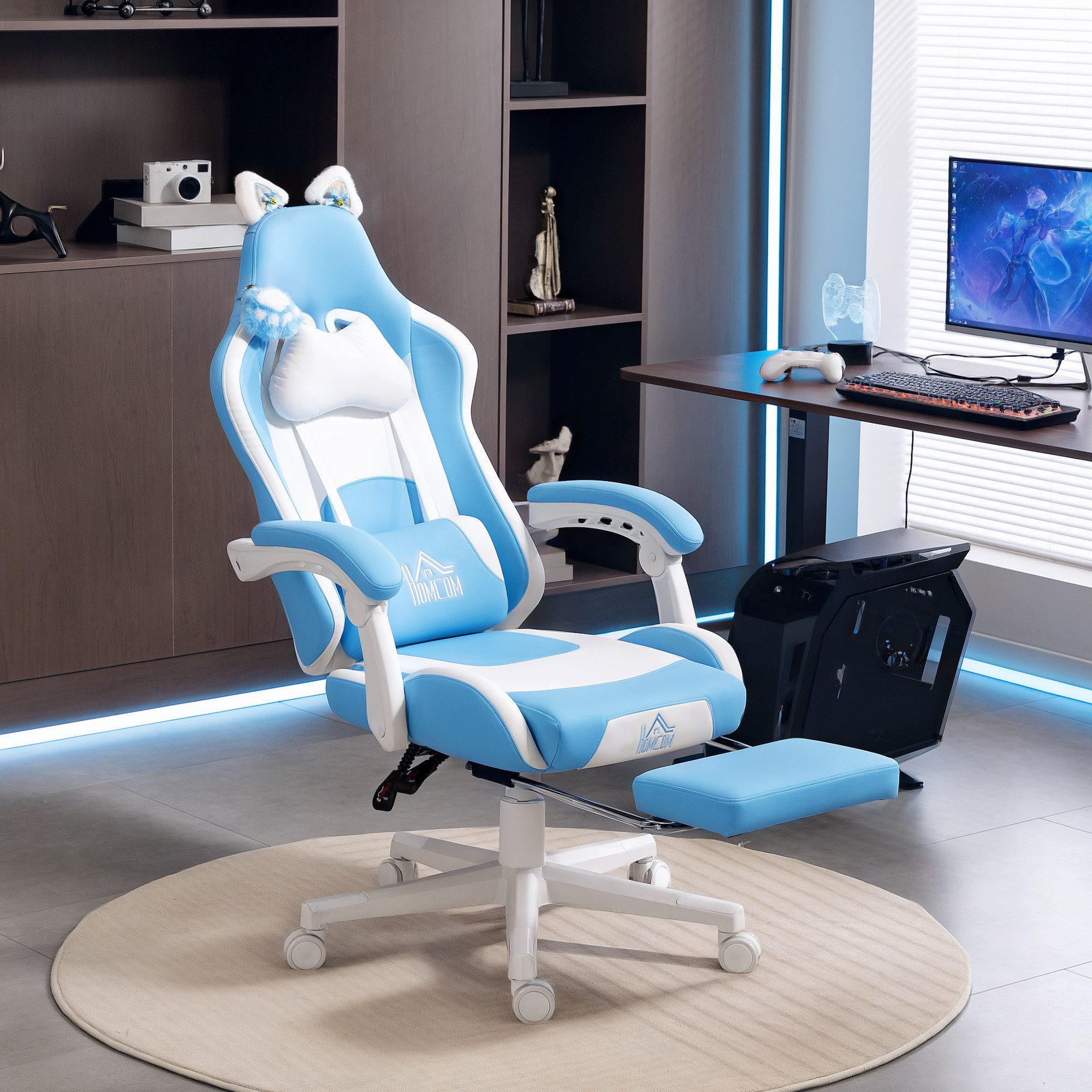 HOMCOM Gaming-Stuhl Gamer-Stuhl mit Lendenwirbelstütze, Bürostuhl mit Liegefunktion (Set, 1 St), Gaming-Stuhl mit Katzenohren