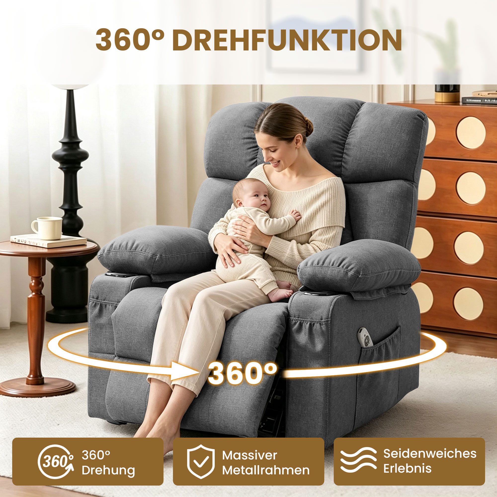 bosmiller Massagesessel Relaxsessel Elektrisch Fernsehsessel mit Liegefunktion (1-St), Oversize Massagesessel mit Wärmefunktion, grau – Bild 5 von 5