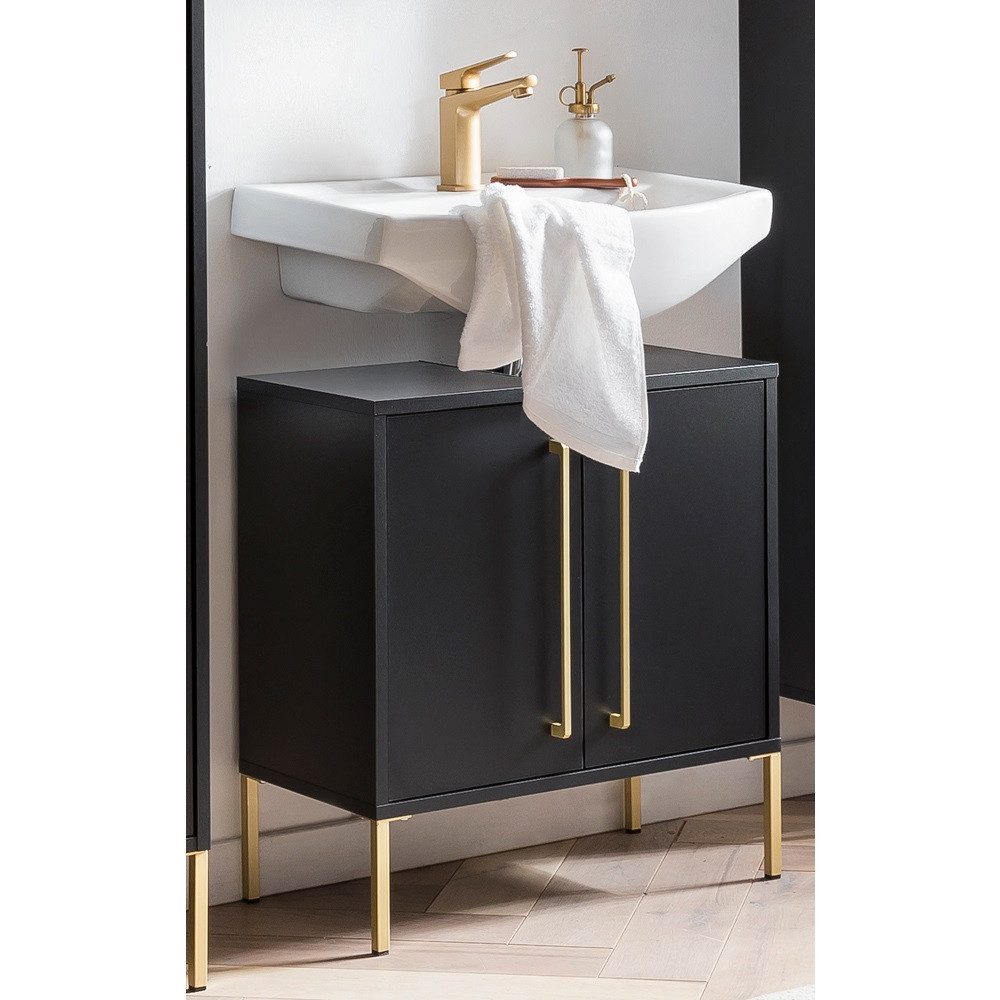 Lomadox Waschbeckenschrank SARAY-80 Badschrank Badezimmer Unterschrank schwarz, goldfarben 57x61x30 cm
