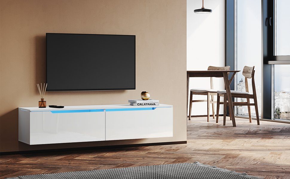 SONNI Lowboard TV Schrank, Weiß, Lowboard, TV Board, Fernsehschrank, mit 12  Led Farben Beleuchtung, Hängend, Hochglanz, 140cm x 35cm x 30cm