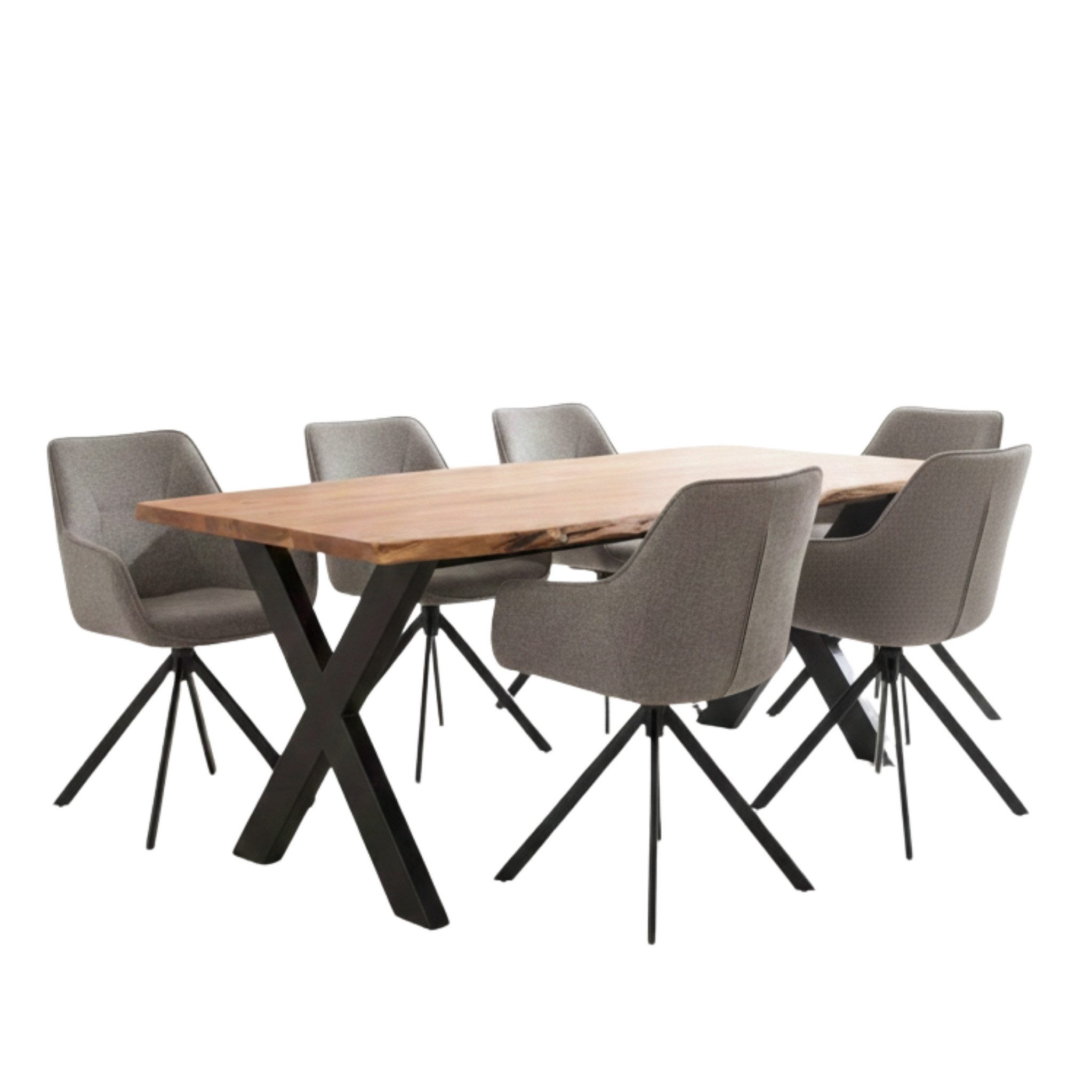 MR.DEKO Esszimmer-Set Essgruppe San Carlo hellgrau & Tisch Catania 200x100 X-Bein, (7-St., 7-teiliges Indoor-Set mit Sesseln & Tisch im modernen Natur-Look), Drehbare Komfortsessel in Mausgrau & Esstisch mit Baumkante aus Akazie