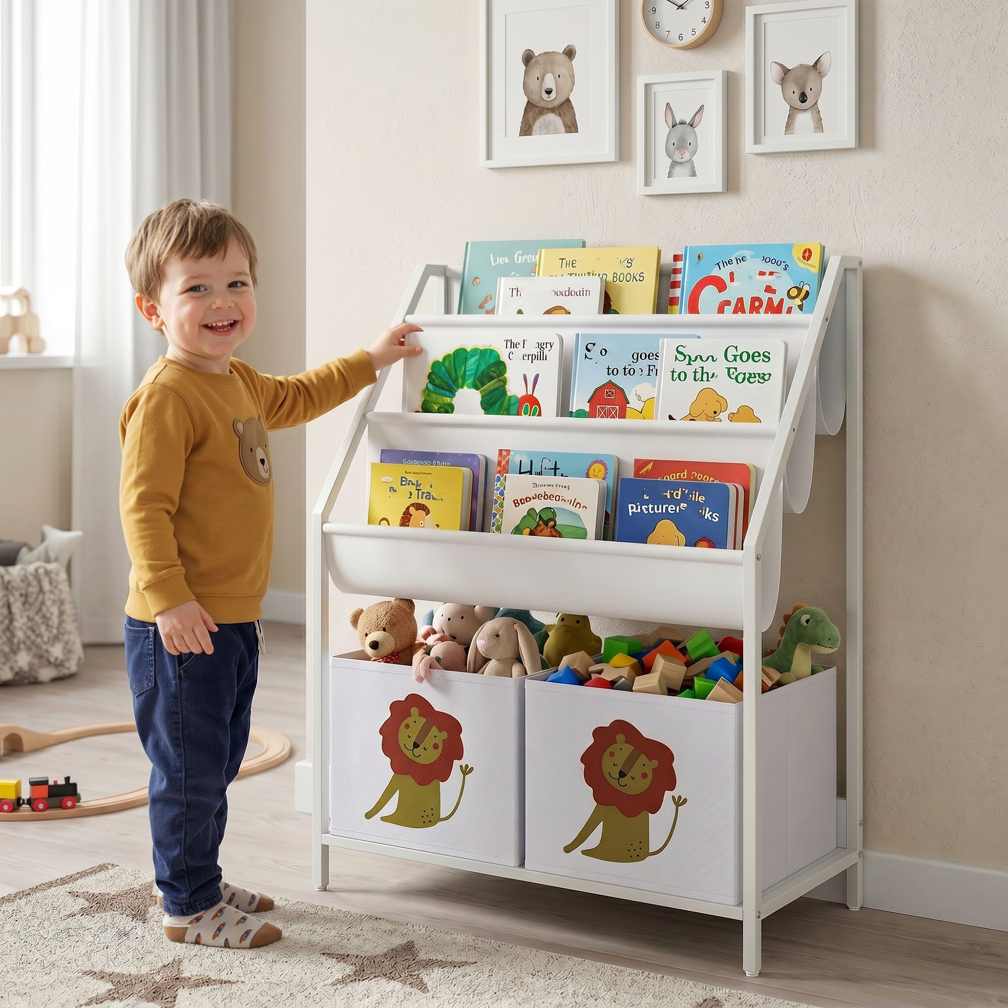 AIYAPLAY Kinderregal Bücherregal mit 2 offenen Fächer 3 Hängeregale, Set 1-tlg., für Kinderzimmer 60 x 30 x 76 cm Weiß – Bild 2 von 5