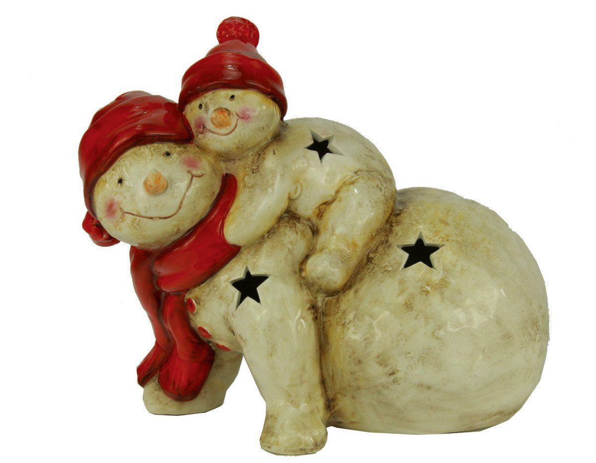 Kaufhaus le petit Schneemann Schneemann Paar Windlicht LED beleuchtet Deko Figur Kind Skulptur, Dekofigur, Dekoskulptur, Dekoobjekt, Weihnachtsfigur aus Keramik