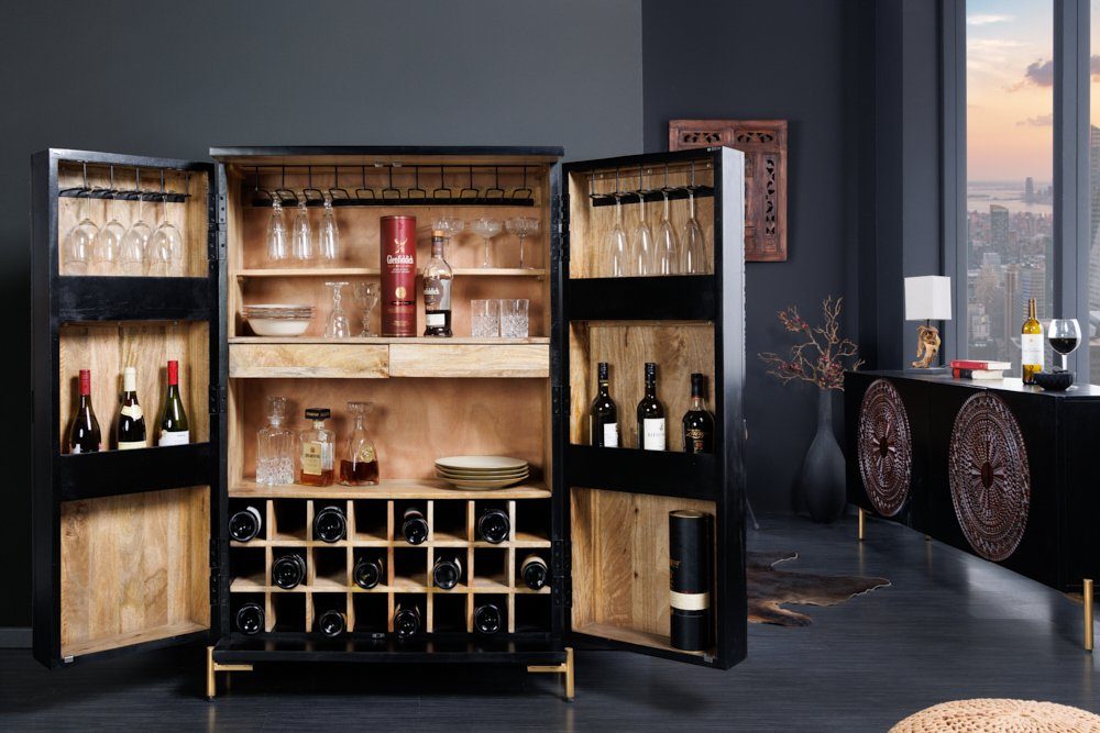 riess-ambiente Barschrank MANDALA 140cm schwarz / gold · Highboard aus Mangoholz mit Schnitzerei (Einzelartikel, 1-St) Wohnzimmer· Massivholz · Metall · Mango · XXL · Highboard · Boho