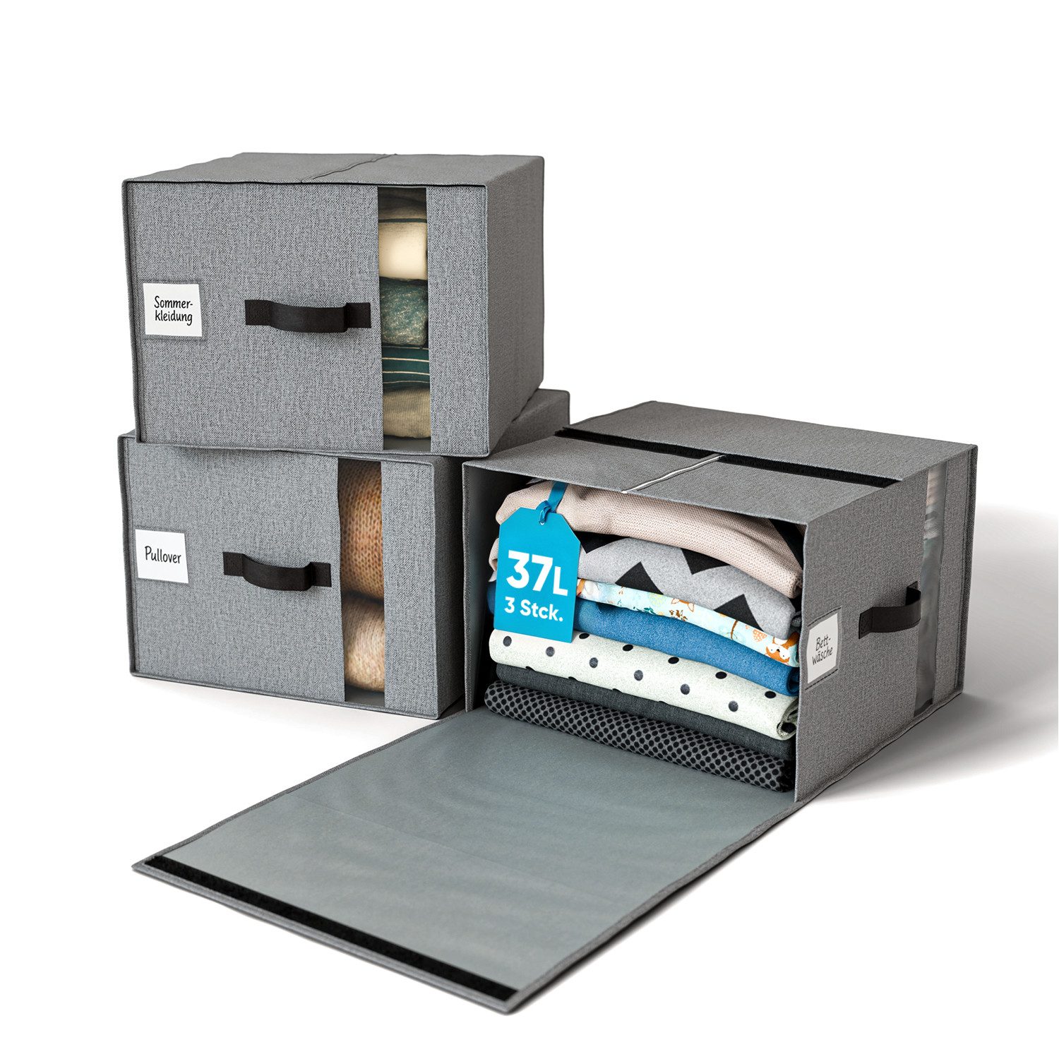 Björn&Schiller Aufbewahrungsbox Organizer für Kleidung, Bettwäsche und Heimtextilien mit Sichtfenster (3 St., 3er-Set), 37L