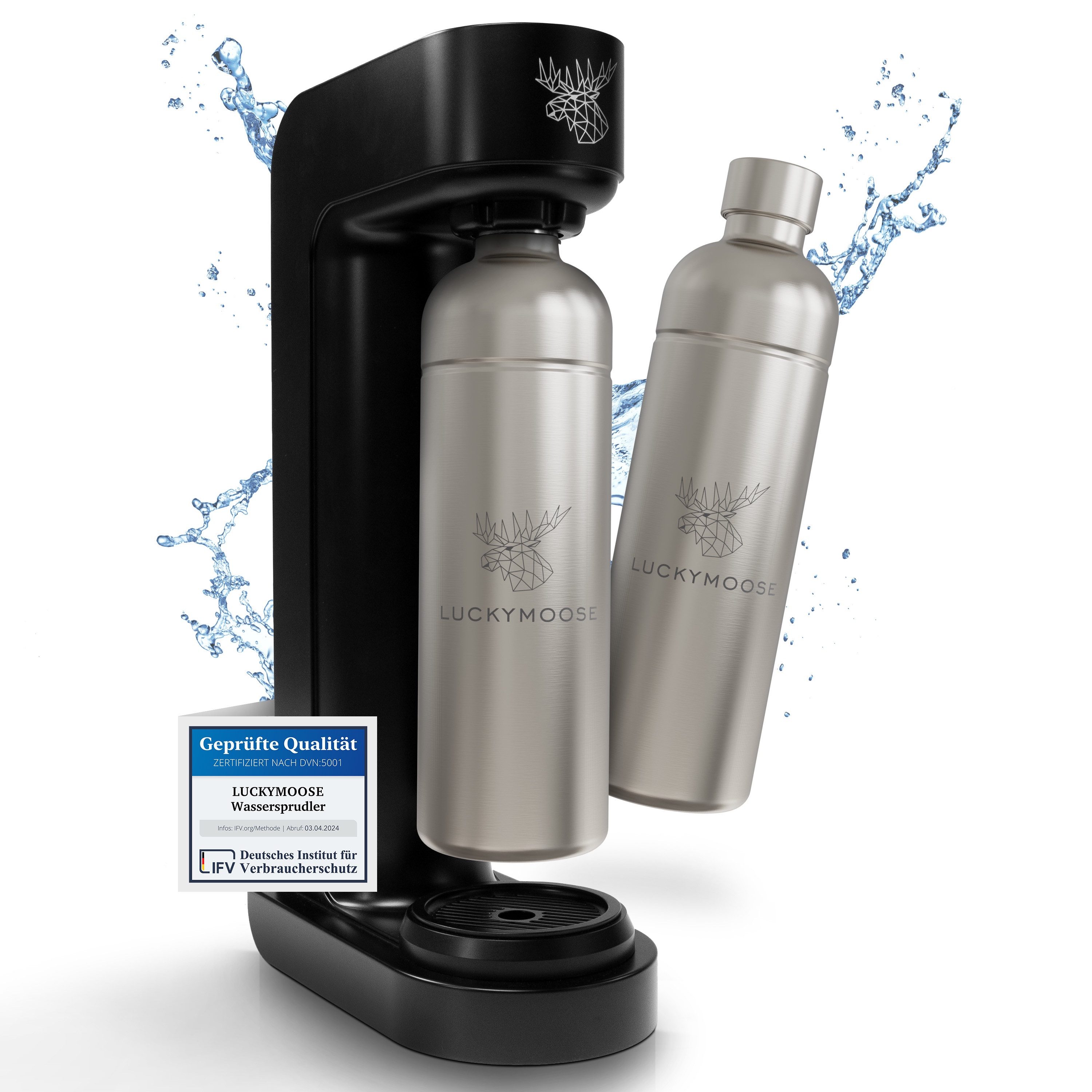 Luckymoose Wassersprudler Infinity mit 2x 1,25L spülmaschinenfesten Edelstahlflaschen, (2x Silber-tlg), Spart bis zu 25% CO2, Flaschen spülmaschinenfest & ohne Ablaufdatum