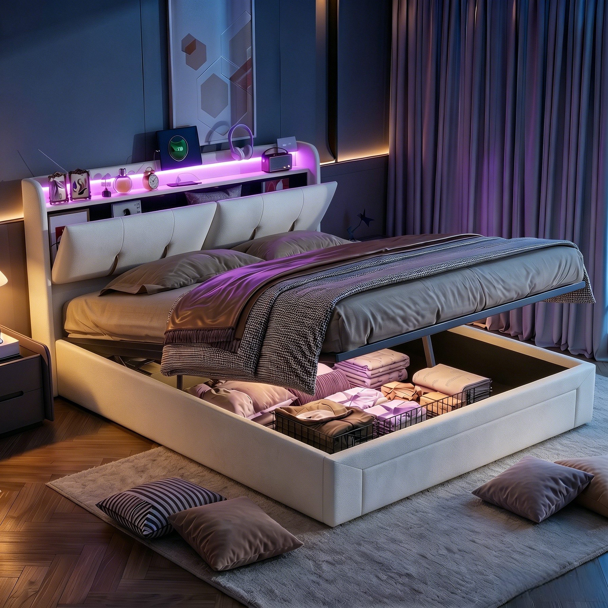 PXloue Polsterbett LED Doppelbett, Bettkasten, Ladefunktion, Samt, 140x200 cm