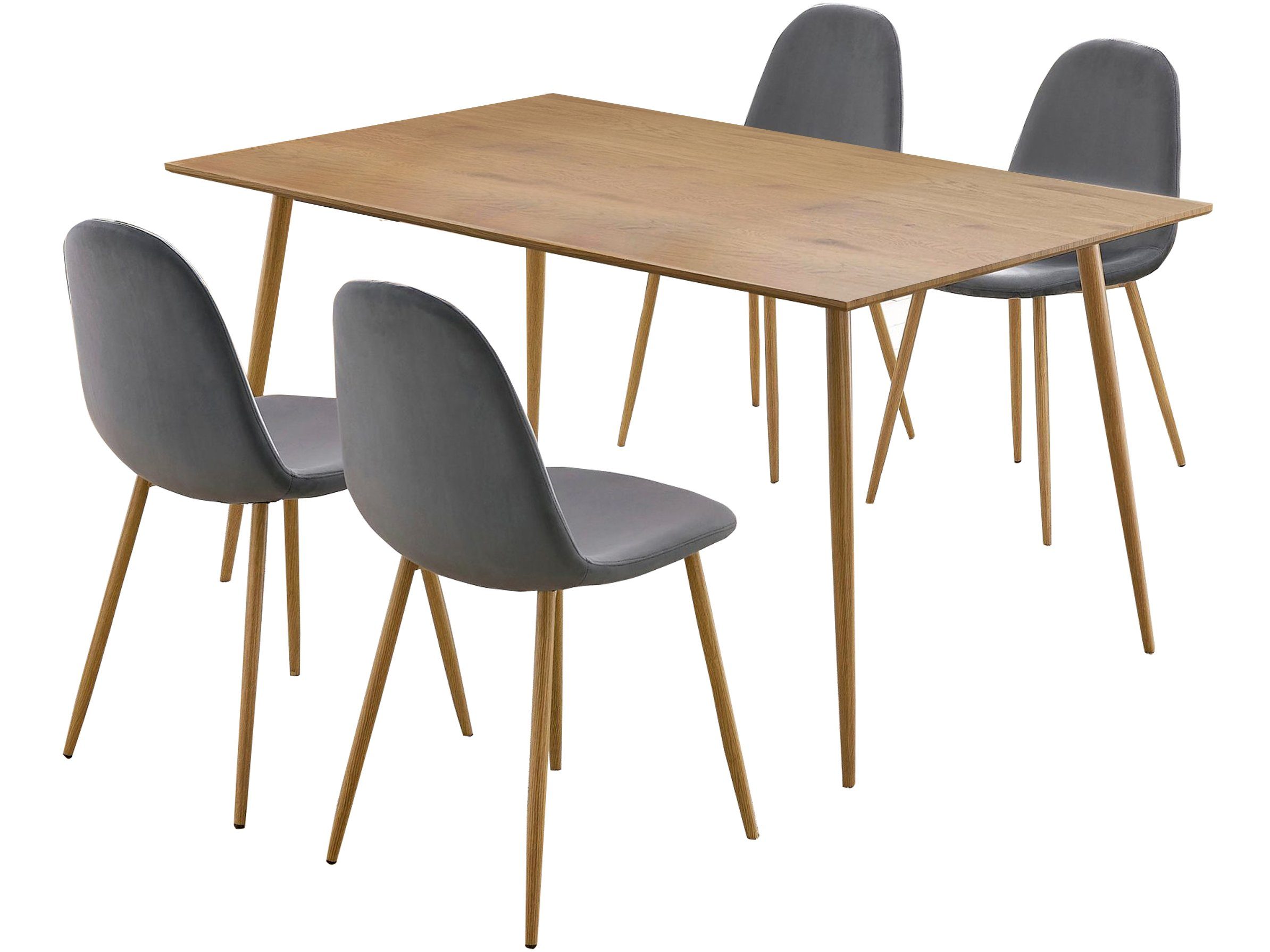 loft24 Essgruppe Matcha, (5-tlg., 5-tlg. Essgruppe), Esszimmertisch 160 cm breit, Stühle mit Samtvelours Bezug grau/eiche | grau | eichefarben
