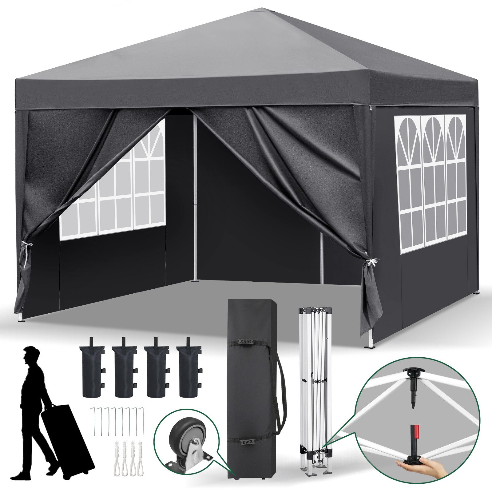 LALAHO Faltpavillon 3x3 m Gartenpavillon mit 4 Seitenteilen, Partyzelt mit 4 Sandsäcke, mit 4 Seitenteilen, UV-Schutz, Wasserdicht Faltpavillon, Winterfest Pop Up Pavillon