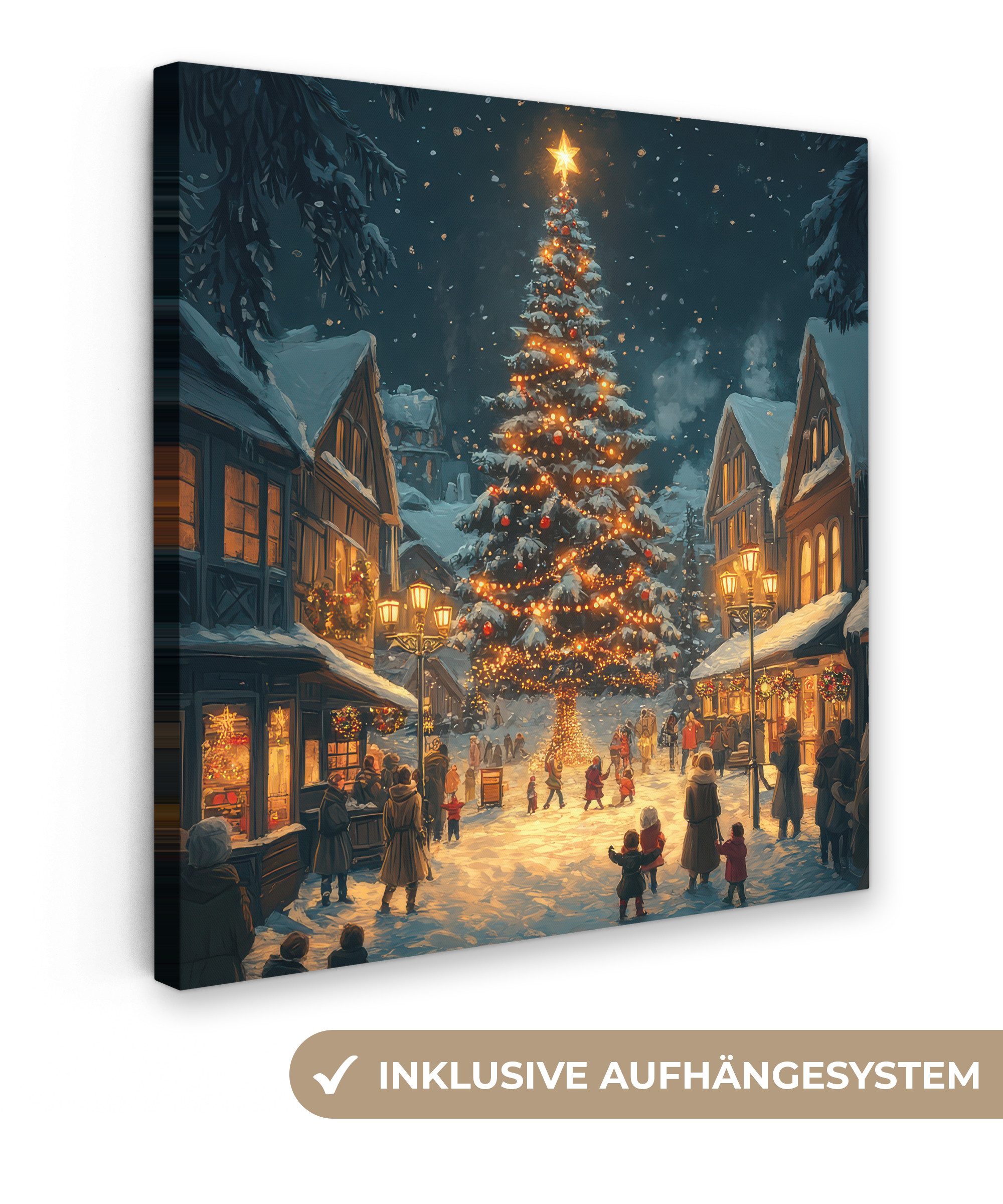 OneMillionCanvasses® Leinwandbild Weihnachtsfeier - Dorf - Dunkelheit, Fotodruck (1 St), Wandbild, Deko Schlafzimmer Wohnzimmer Flur 20x20 cm