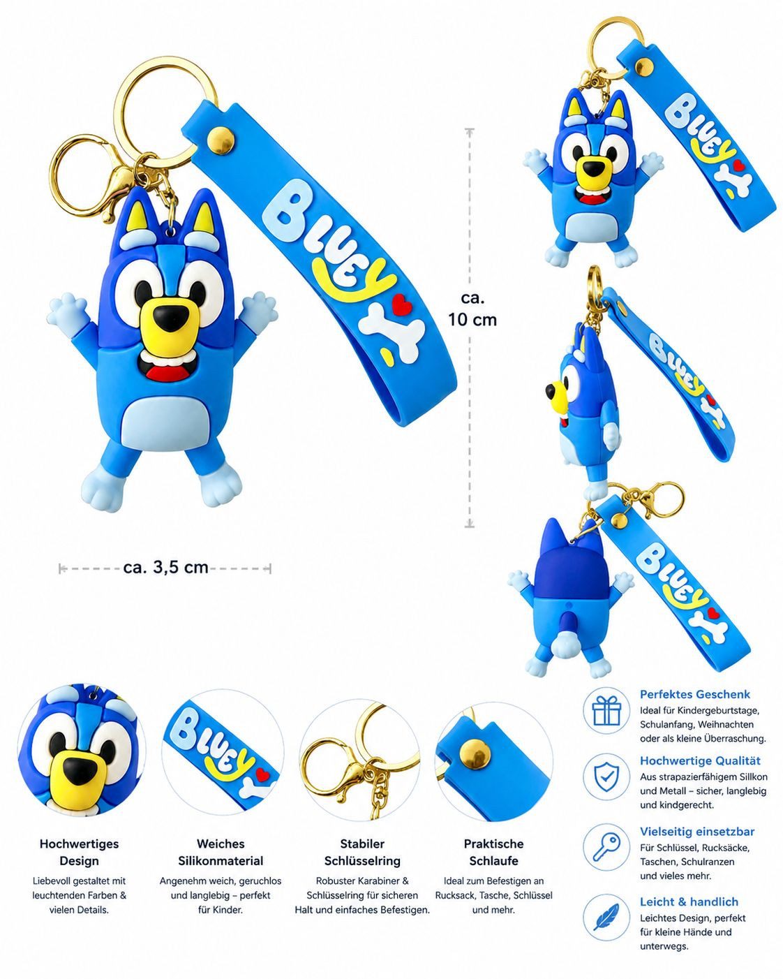 soma Schlüsselanhänger Bluey Bandit Heeler 3D Schlüsselanhänger 6,5cm Sammelfigur,1 Stück (Set, 1-tlg., Geschenk-Set), Silikonanhänger mit Metallring für Rucksack, Tasche & Schule
