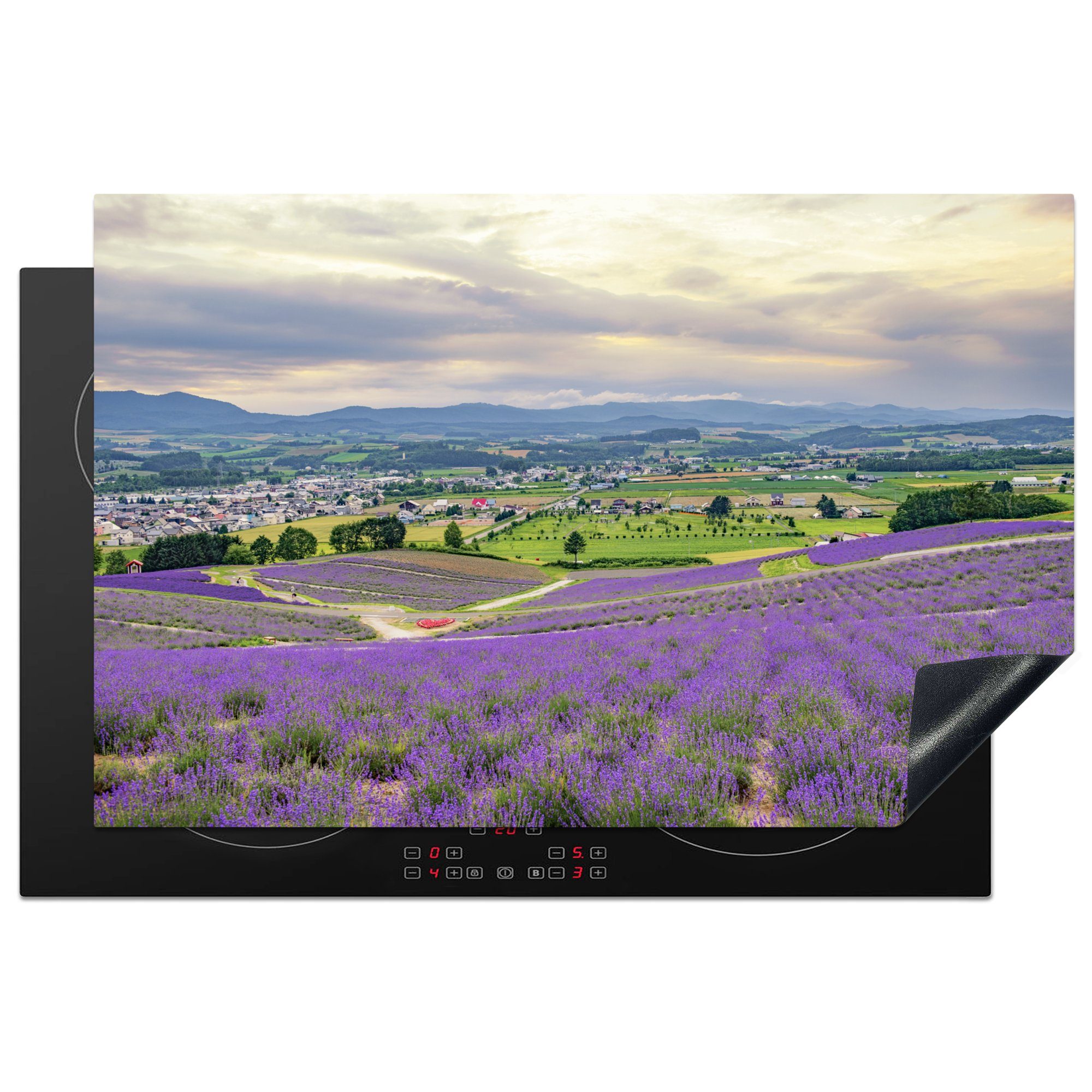 MuchoWow Herdblende-/Abdeckplatte Furano - Lavendel - Blumen, Vinyl, (1 tlg), 81x52 cm, Induktionskochfeld Schutz für die küche, Ceranfeldabdeckung