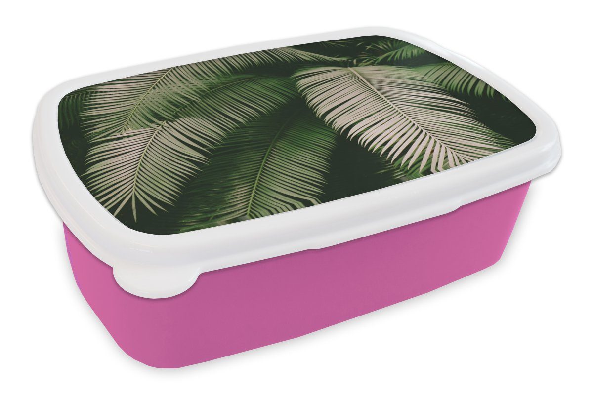 MuchoWow Lunchbox Palmwedel - Sommer Snackbox, (2-tlg), Kunststoff Erwachsene, Mädchen, Tropisch, Brotbox Kunststoff, Brotdose - für Kinder, rosa