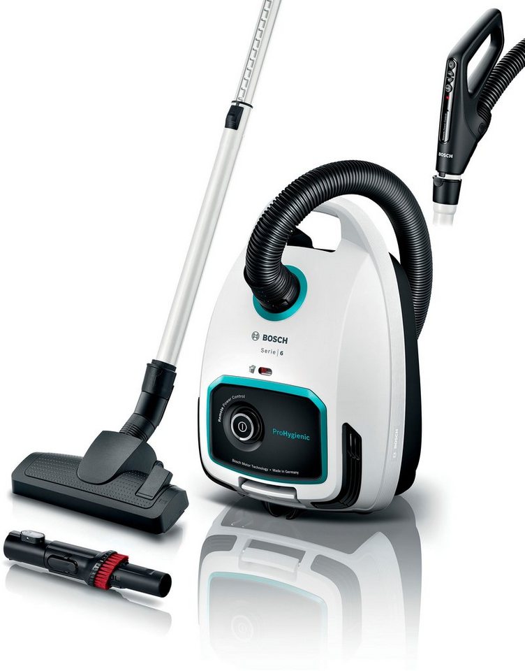 BOSCH Bodenstaubsauger ProHygienic Serie 6, weiß, BGL6LHYG, 600 W, mit  Beutel, 10 Jahre Motorgarantie, HEPA Filter, Leistungsregulierung mit  Turbofunktion direkt am Handgriff