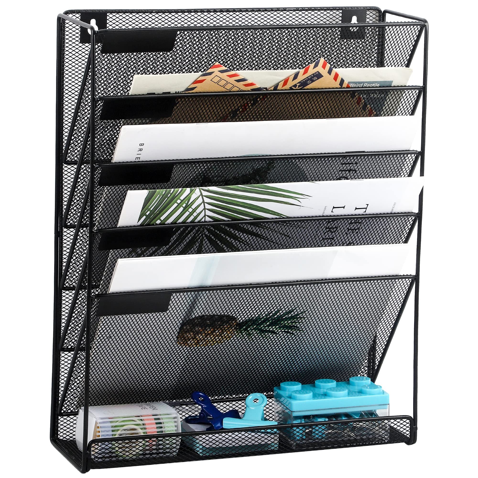 SURFOU Organizer Zeitungsständer Zeitschriftenhalter Wand – 6-stufiger Hängender (6-stufiger Wand-Aktenhalter aus Metall, 40,5*32,5*10,5cm, Hängendes zeitungsständer, Schwarz, Robuster Aktenorganizer mit 5 Fächern & unterem Fach – Wandmontage möglich, 1 St., Aus Metall mit Pulverbeschichtung – Für Büro, Schule, Zuhause), Rostfrei, langlebig und robust