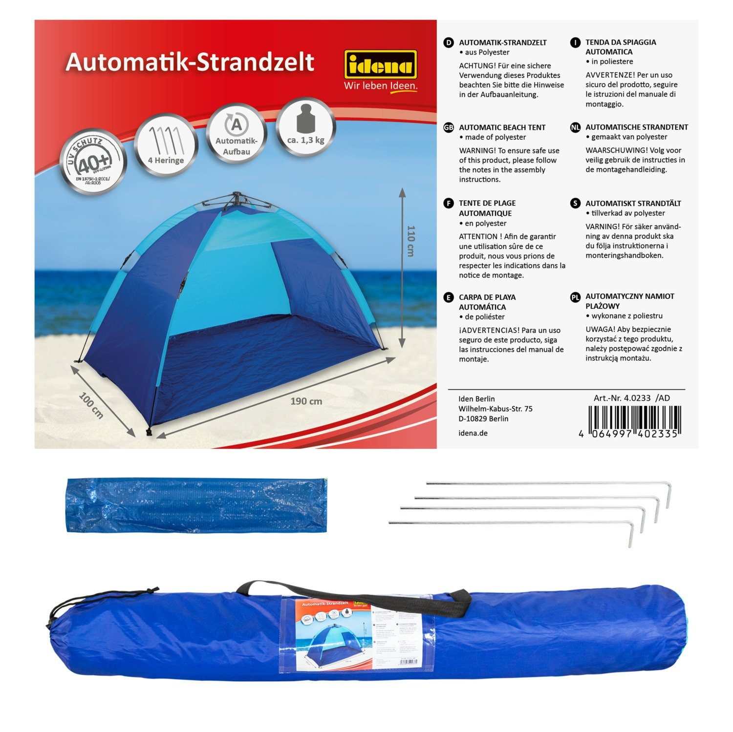 Idena Strandmuschel Idena 40233 - Strandmuschel UV Schutz 40+, Automatik, ca. 1,9 x 1 x, (1 Strandzelt, 4 Heringe & 1 Tragetasche)