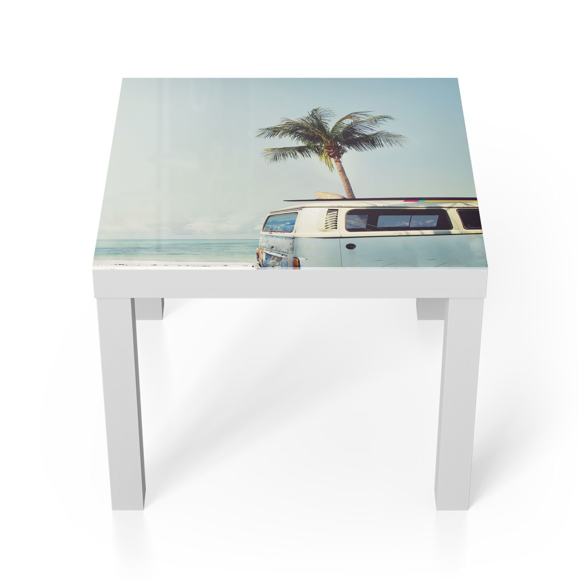 DEQORI Couchtisch 'Surfer-Bulli am Strand', Glas Beistelltisch Glastisch modern Weiß | Couchtische