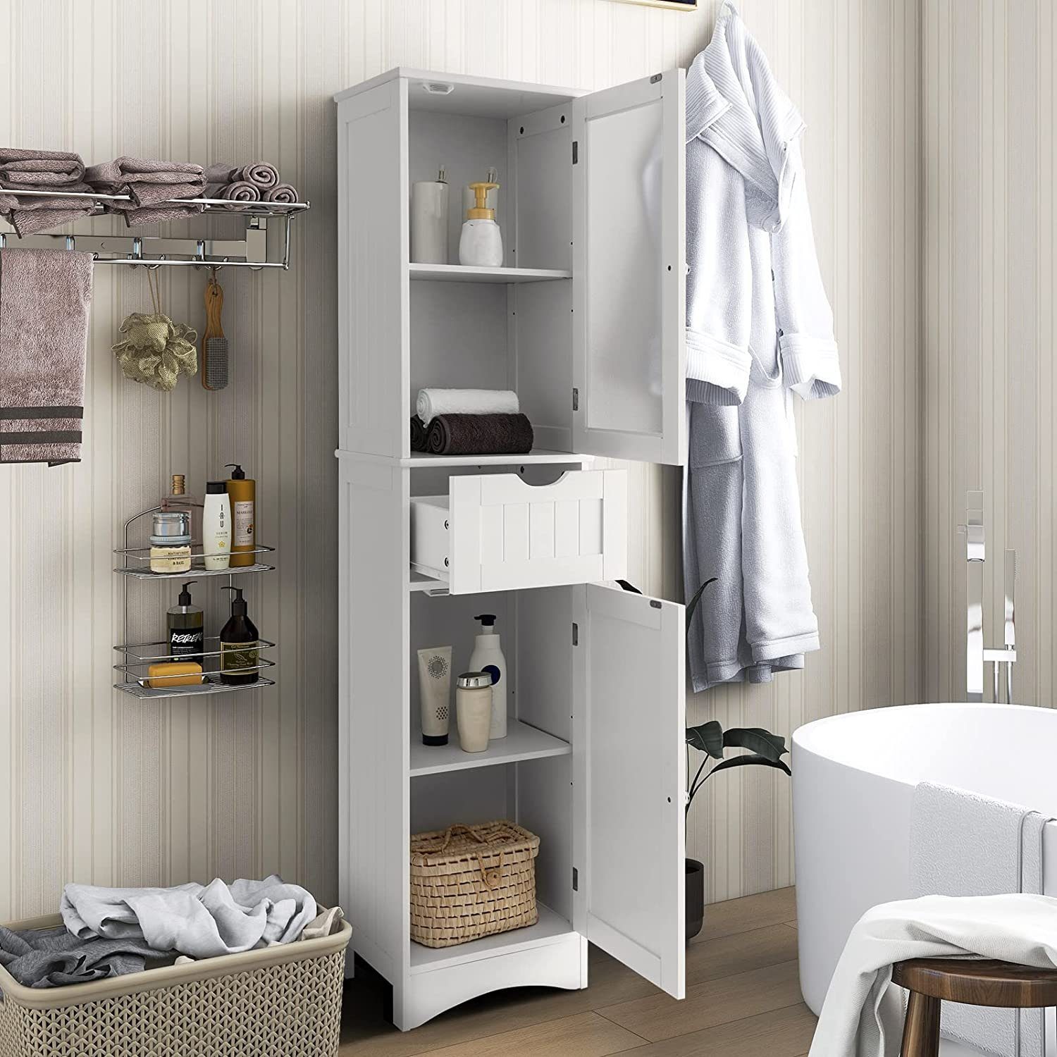 COSTWAY Hochschrank ad,mit Schublade, 4 Fächern & Glastür,schmal,Holz,170cm
