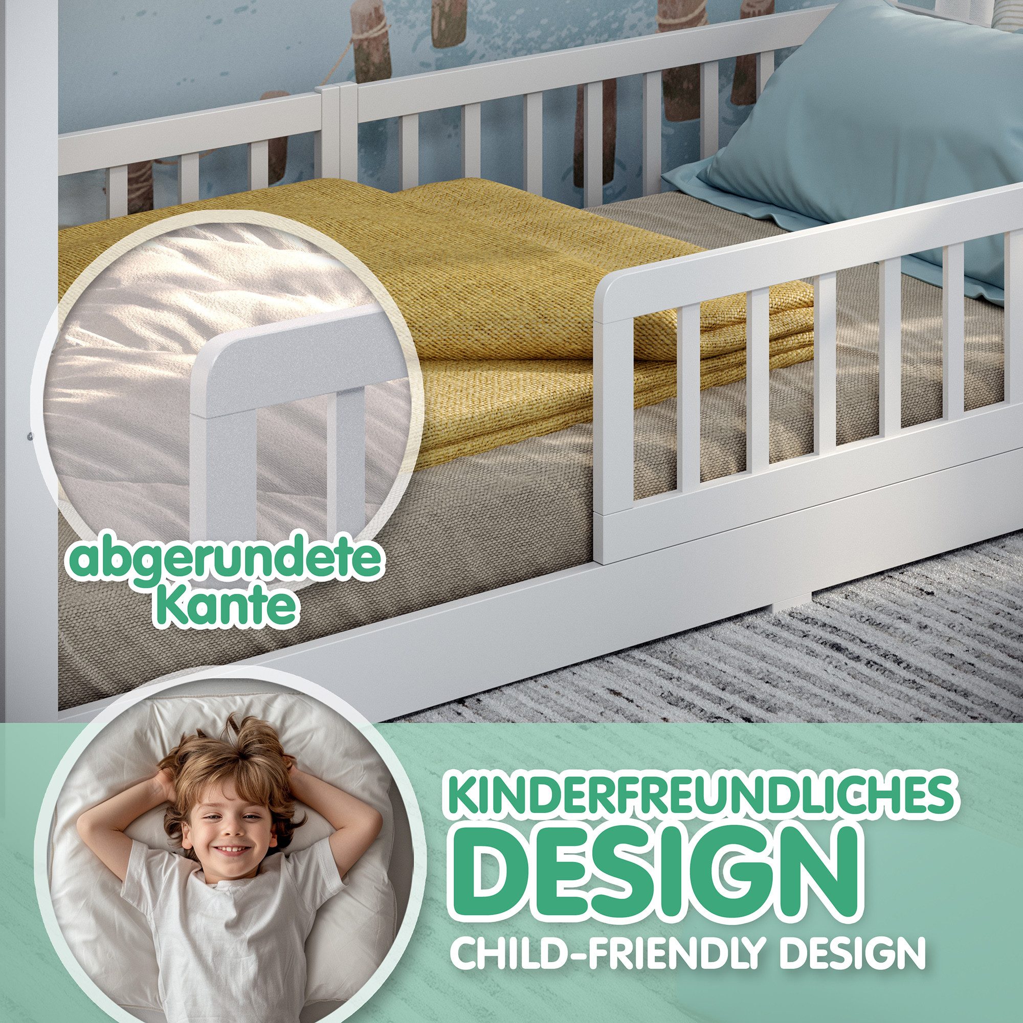CADANI Kinderbett Malte Hausbett Bodenbett - Rausfallschutz abnehmbar - bis 200 kg (90x200 cm, Montessori Kinder- & Jugendbett aus Kiefer Massivholz), inkl. sta – Bild 5 von 5