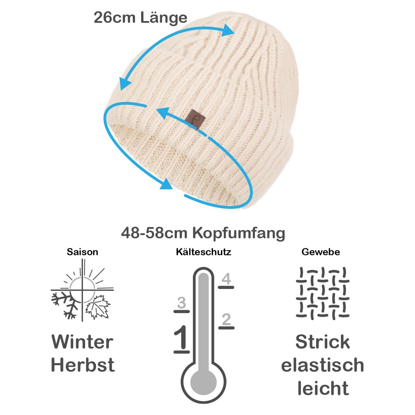 Faera Strickmütze (1-St) Wintermütze Winter Mütze Grobstrick beige Aufschlag Damen Beanie breiter