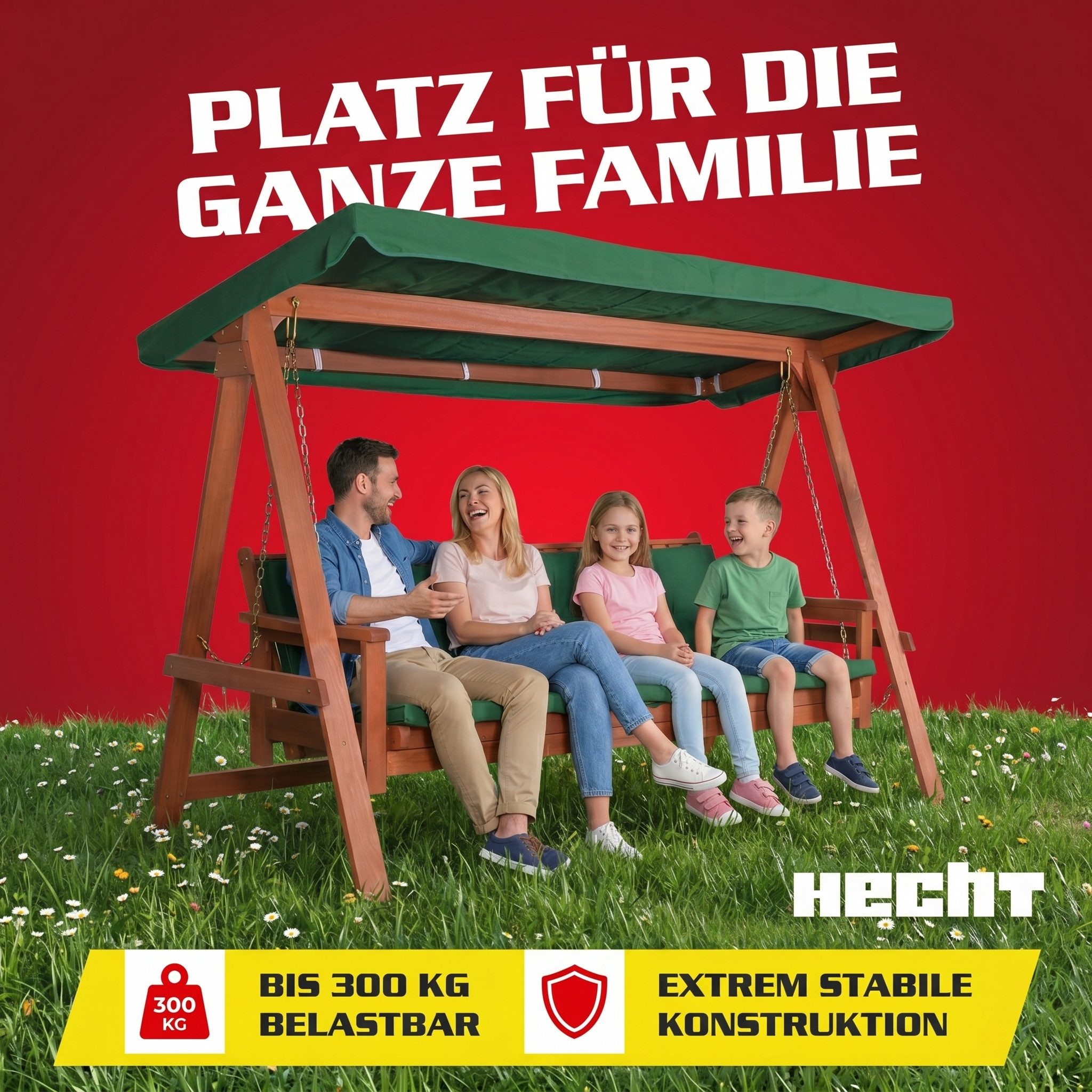 Hecht Hollywoodschaukel Baharu Lux, 4-Sitzer, Sonnendach und Polster, Merantiholz, 300kg, 235x120x178cm (B x T x H)