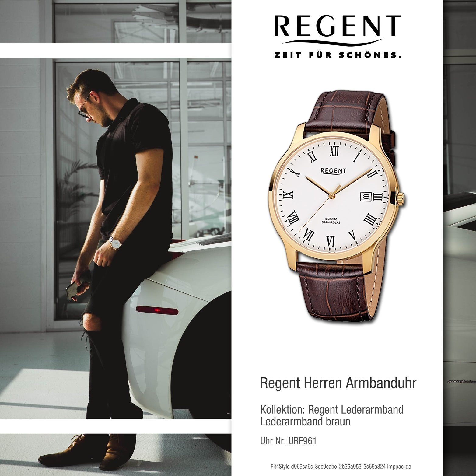 Lederarmband, Herrenuhr Gehäuse, Leder Herren mittel rundes F-961 Regent Uhr Elegant (ca. 39mm), Quarzuhr Quarzuhr, mit Regent