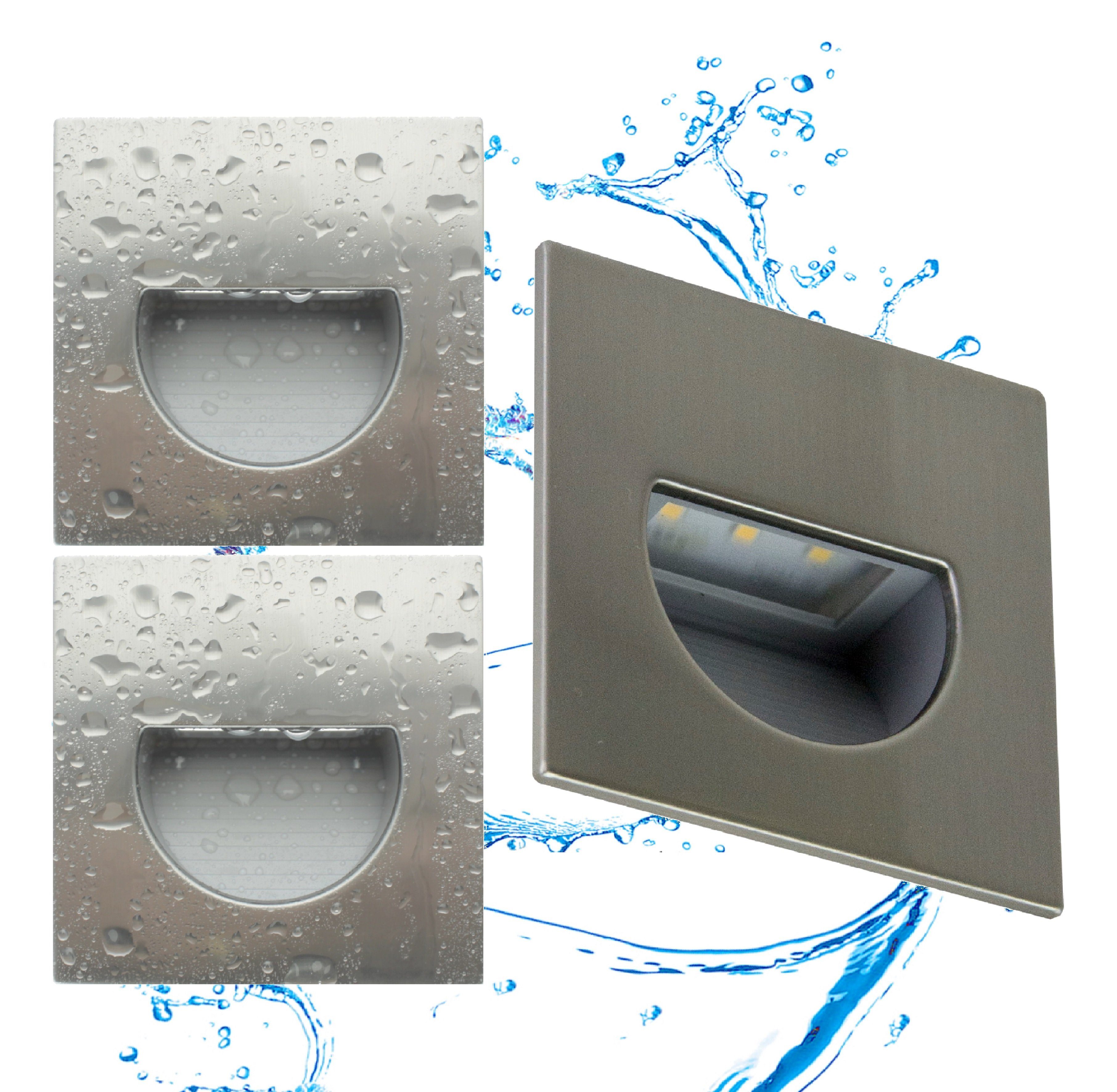 TRANGO LED Außen-Wandleuchte, Dimmfunktion, 3er Set SL-036S IP44 LED Wandleuchte *SOFIE* in Eckig, Treppen- Wandstrahler Edelstahl gebürstet für Innen & Außen inkl. 1x je 1 Watt LED Modul warmweiß 3000K, beliebig erweiterbar Einbauleuchte
