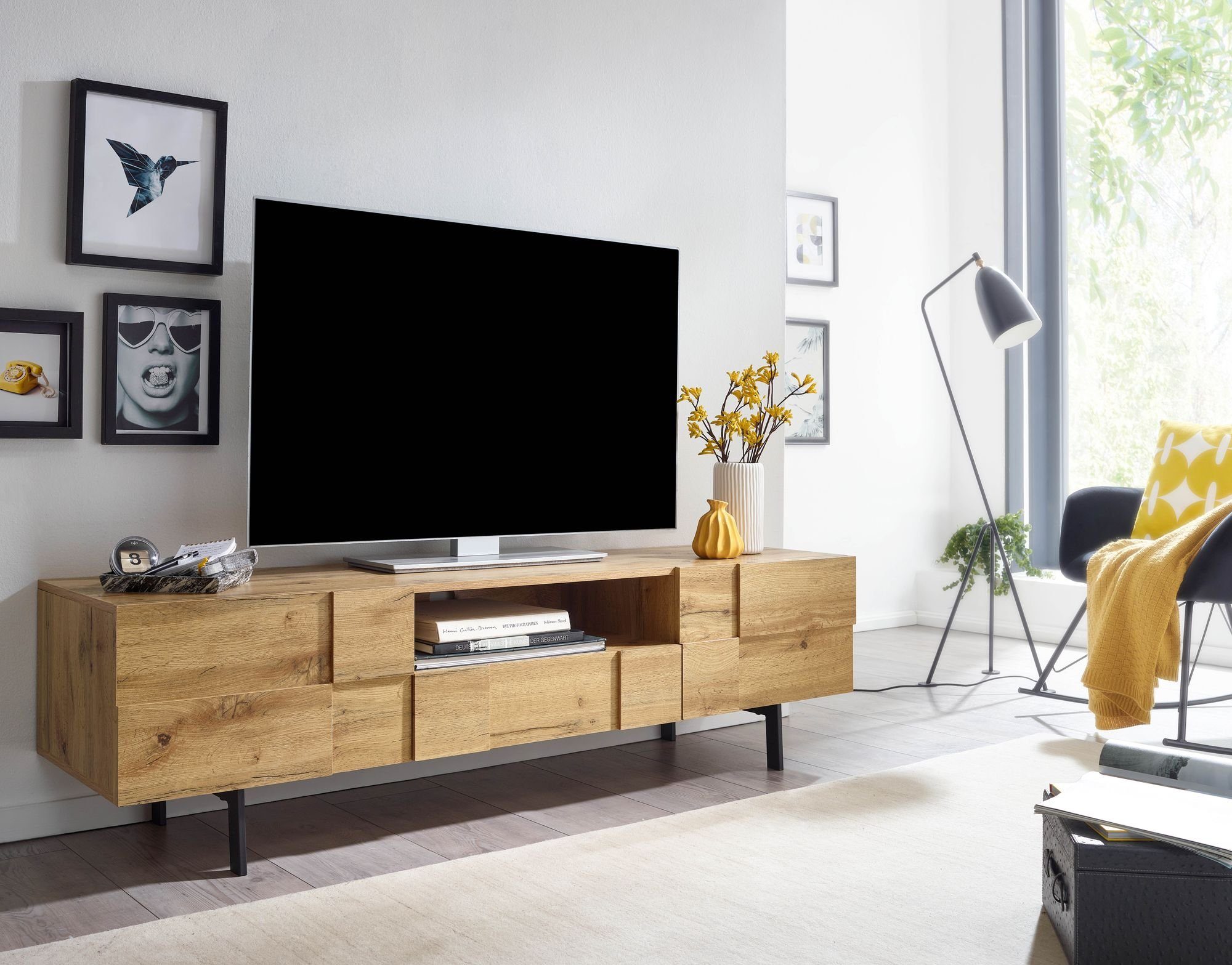 Wohnling Lowboard WL6.581 (Holz Eiche-Dekor 160x46x43 cm mit zwei Türen), TV-Kommode  Hoch, TV-Schrank Modern, Fernsehtisch