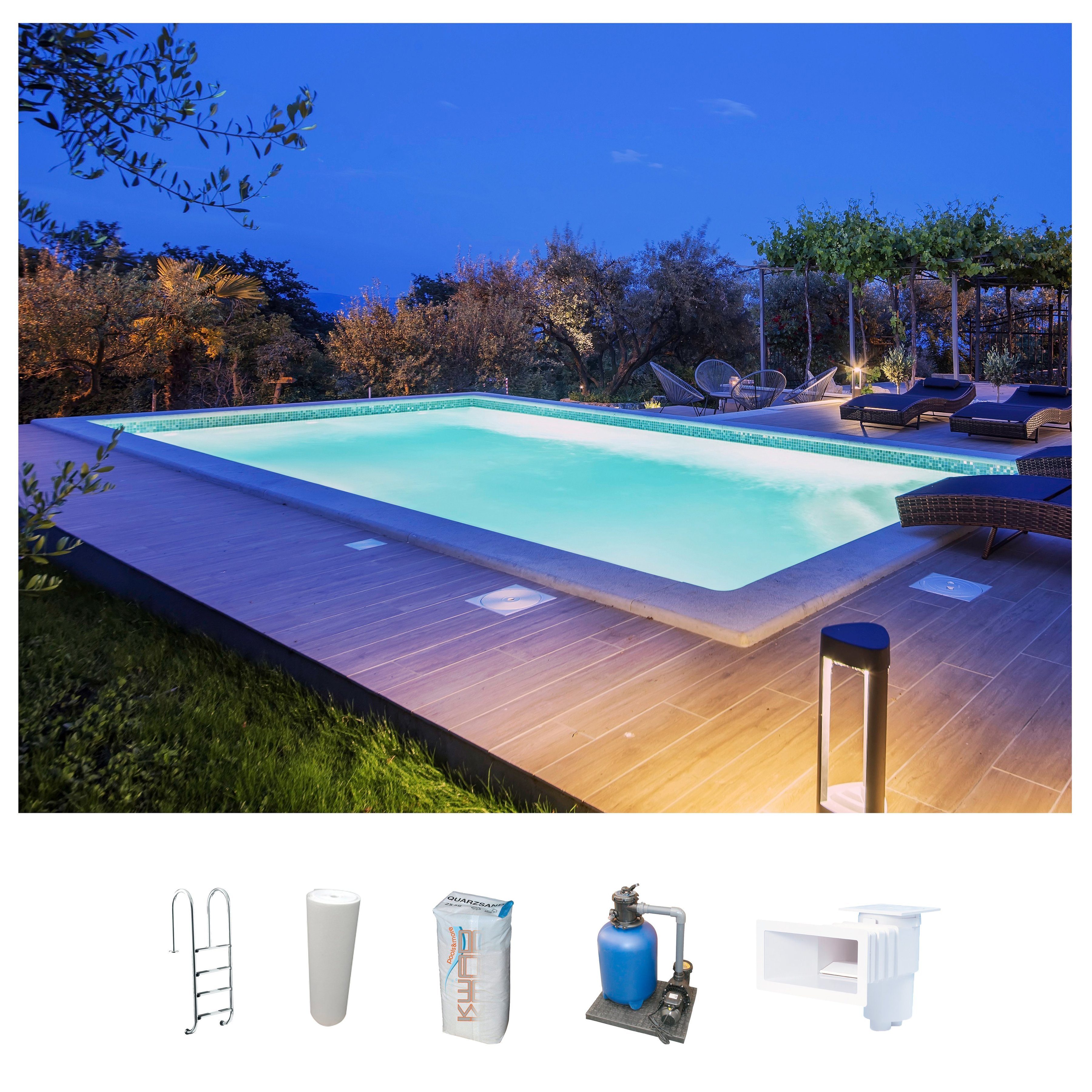 KWAD Schwimmbecken STYROPOR®STEIN POOL ALL INCLUSIVE, BxLxH: 400x800x150 cm (Set), mit Edelstahlleiter, inkl. Beckenrandsteine & Poolbeleuchtung
