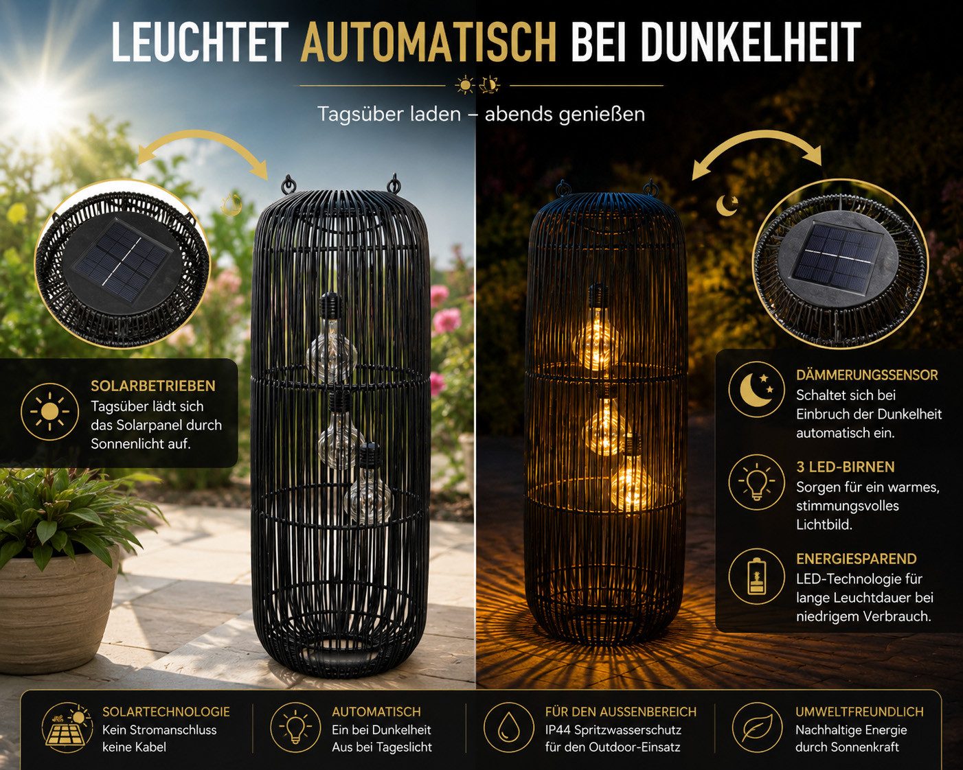 formano LED Laterne Solarlaterne Außen Garten Rattan Look Laterne 60 cm schwarz, LED fest integriert