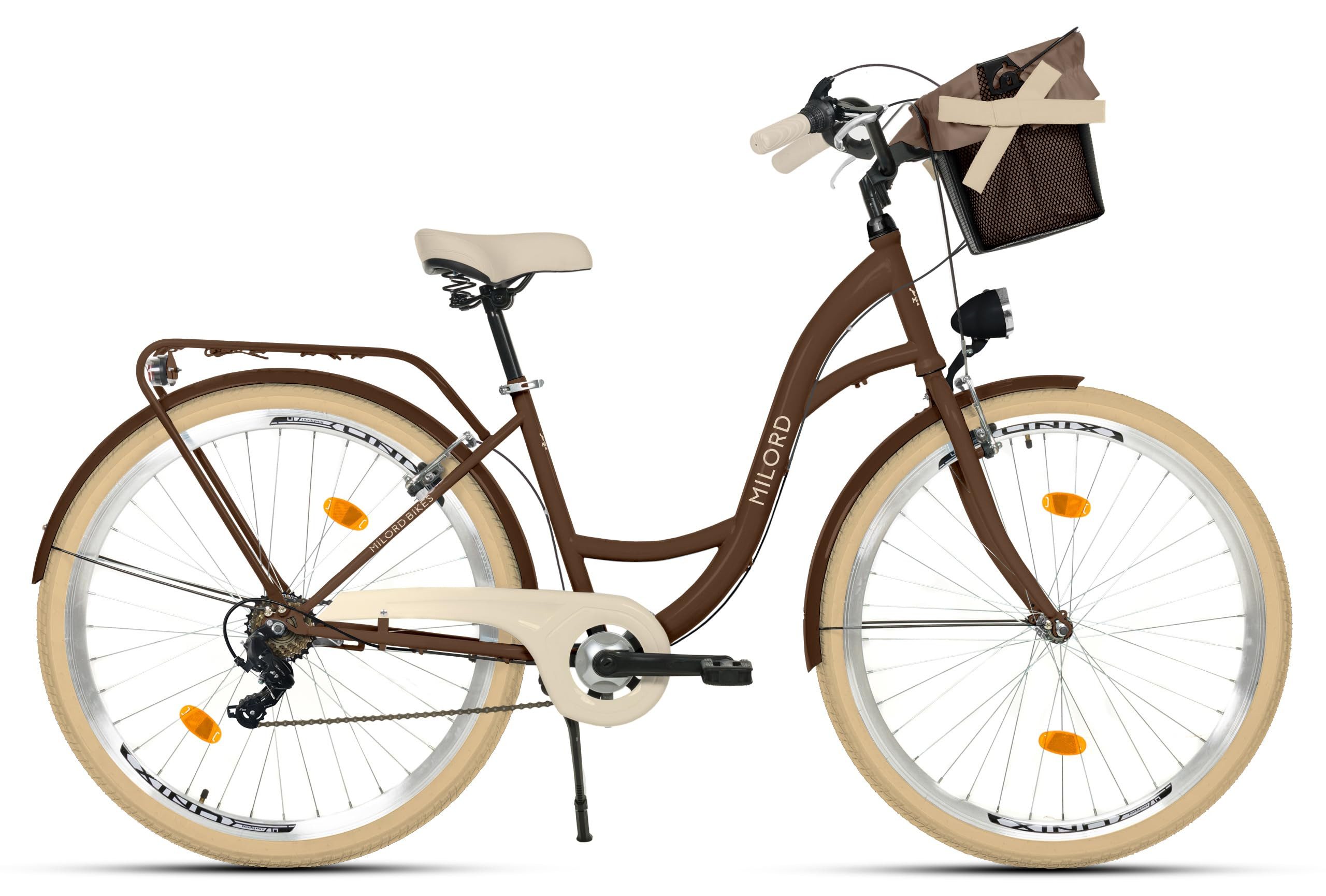 Milord Cityrad Damenfahrrad Citybike Mit Metallkorb Fahrrad 26/28 Zoll 7-Gang Braun, (Fahrradständer, Gepäckträger, Klingel, Korb, Kotflügel)