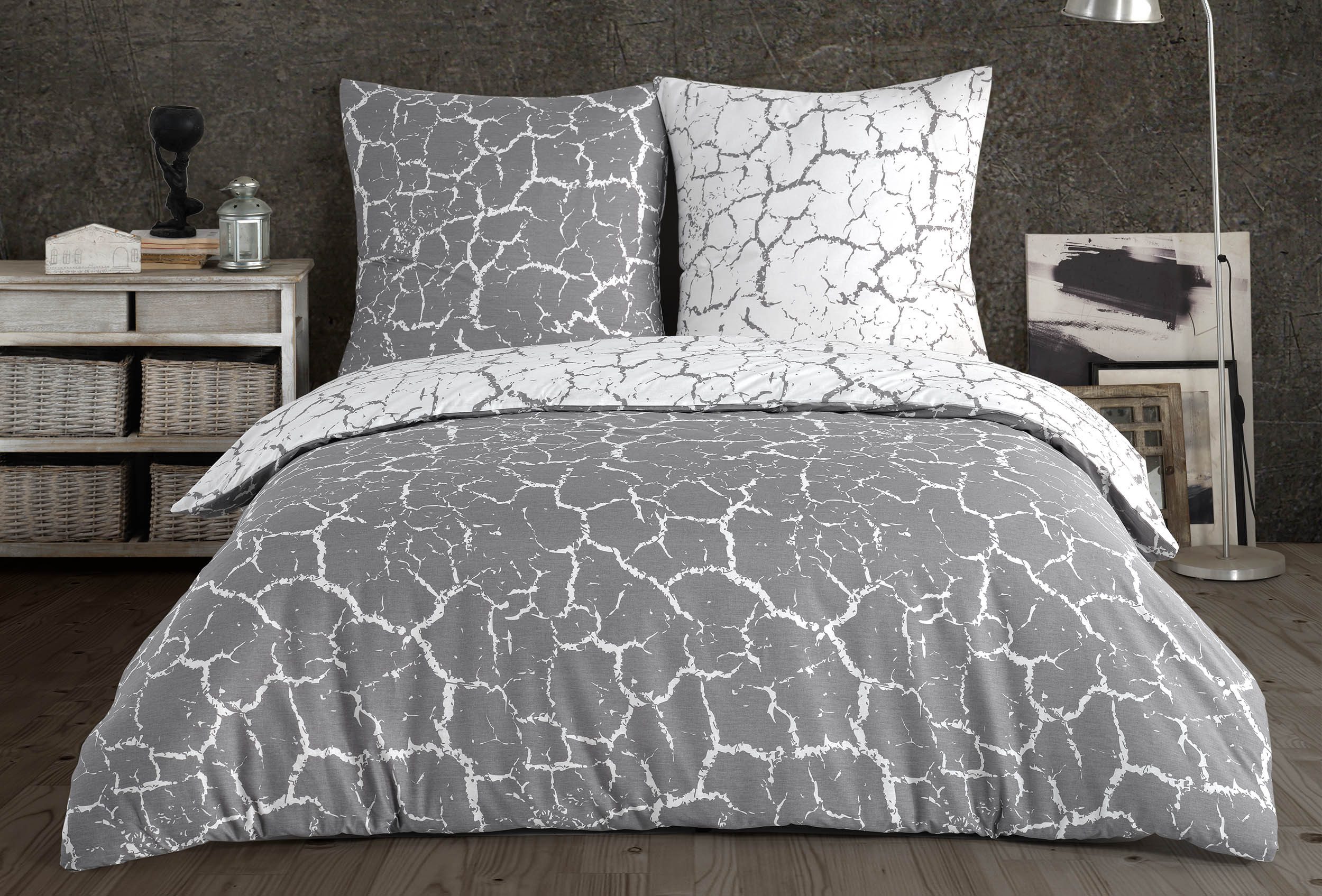 Buymax Bettwäsche Mercer, Bettgarnitur, Bettbezug Set, Renforce: 100% Baumwolle, 3 teilig, 200x220 cm, mit Reißverschluss, Muster Marmor, Grau, Weiß