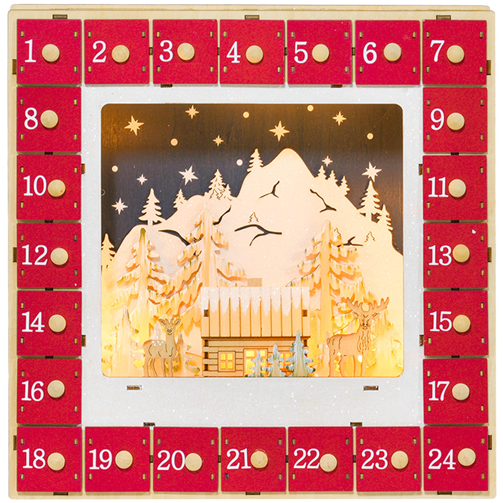 Celya Adventskalender LED Adventskalender mit Dorfszene, 24 große Schubladen, MDF, 34 x 7 x 34 cm, Rot