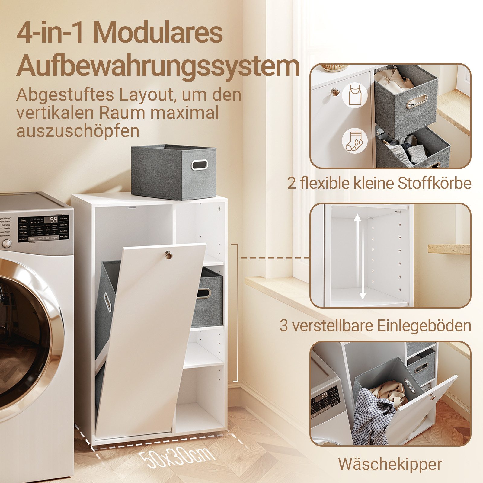 SoBuy Wäscheschrank BZR218, Badezimmerschrank schmal, Wäscheschrank Wäschekorb Badkommode Badschrank mit Wäschekorb, mit 2 Stoffschubladen, Nischenschrank – Bild 4 von 5
