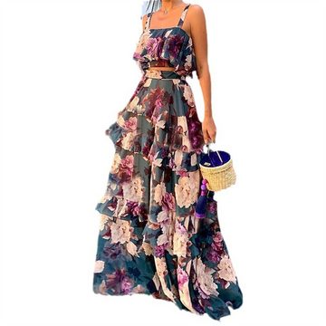 RUZU UG Dirndl Kleid im modischen Strand-Resort-Stil, bedrucktes zweiteiliges Set