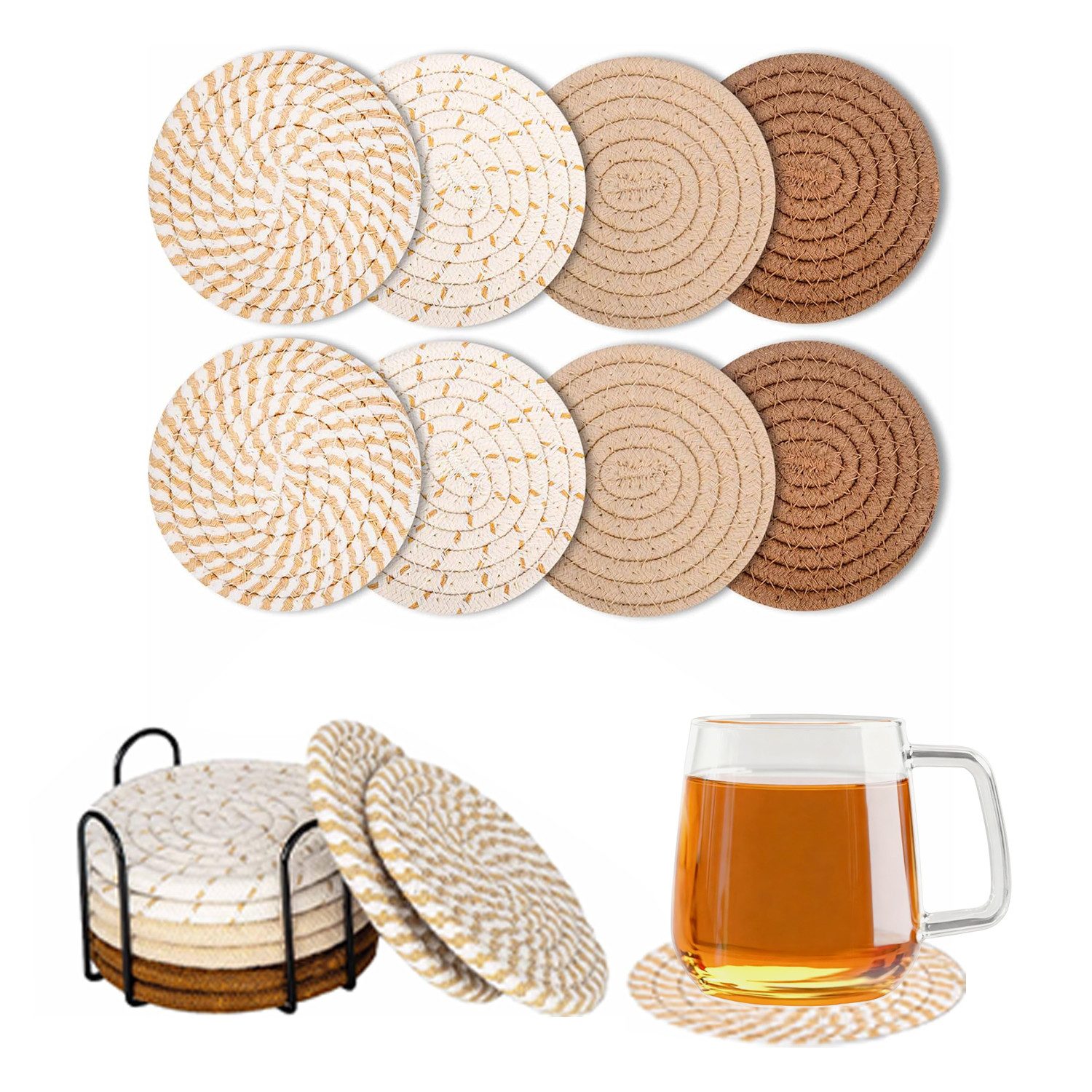 HEYHIPPO Becheruntersetzer Set geflochtene Baumwoll-Untersetzer mit Halter–rutschfest & saugfähig, Zubehör für Stellen Sie Getränke, Tassen und Gläser bereit, Set, Runde Glasuntersetzer 8er Set aus Baumwolle mit Halter –für Getränke