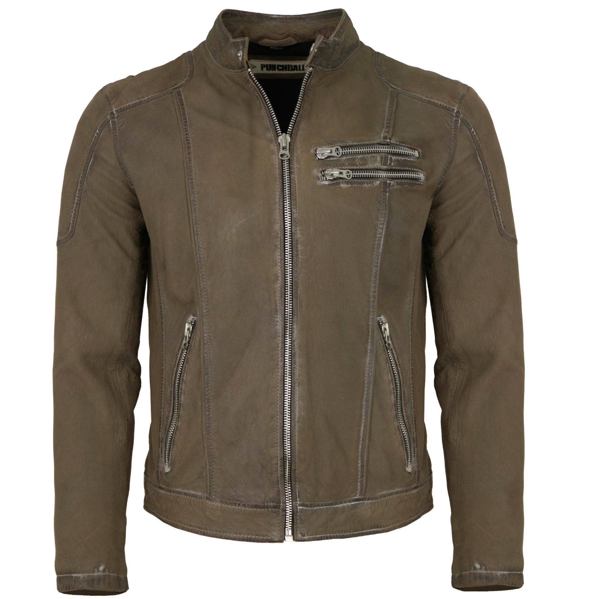 PUNCHBALL Lederjacke Doran Punchball - Herren Lederjacke Kapuze Lammnubuk olive-braun antik
