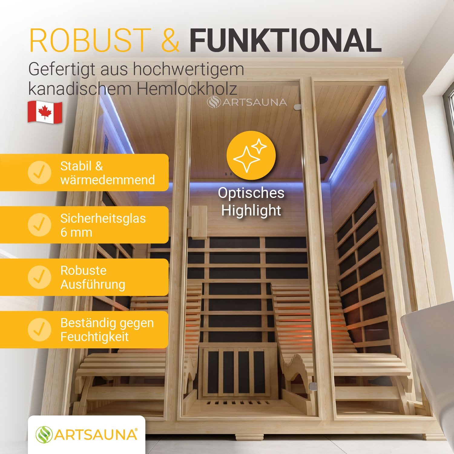 Artsauna Infrarotkabine Billund Dual Technologie, für 2 Personen, Hemlock-Holz, HiFi-System, Ionisator, LED-Farblicht