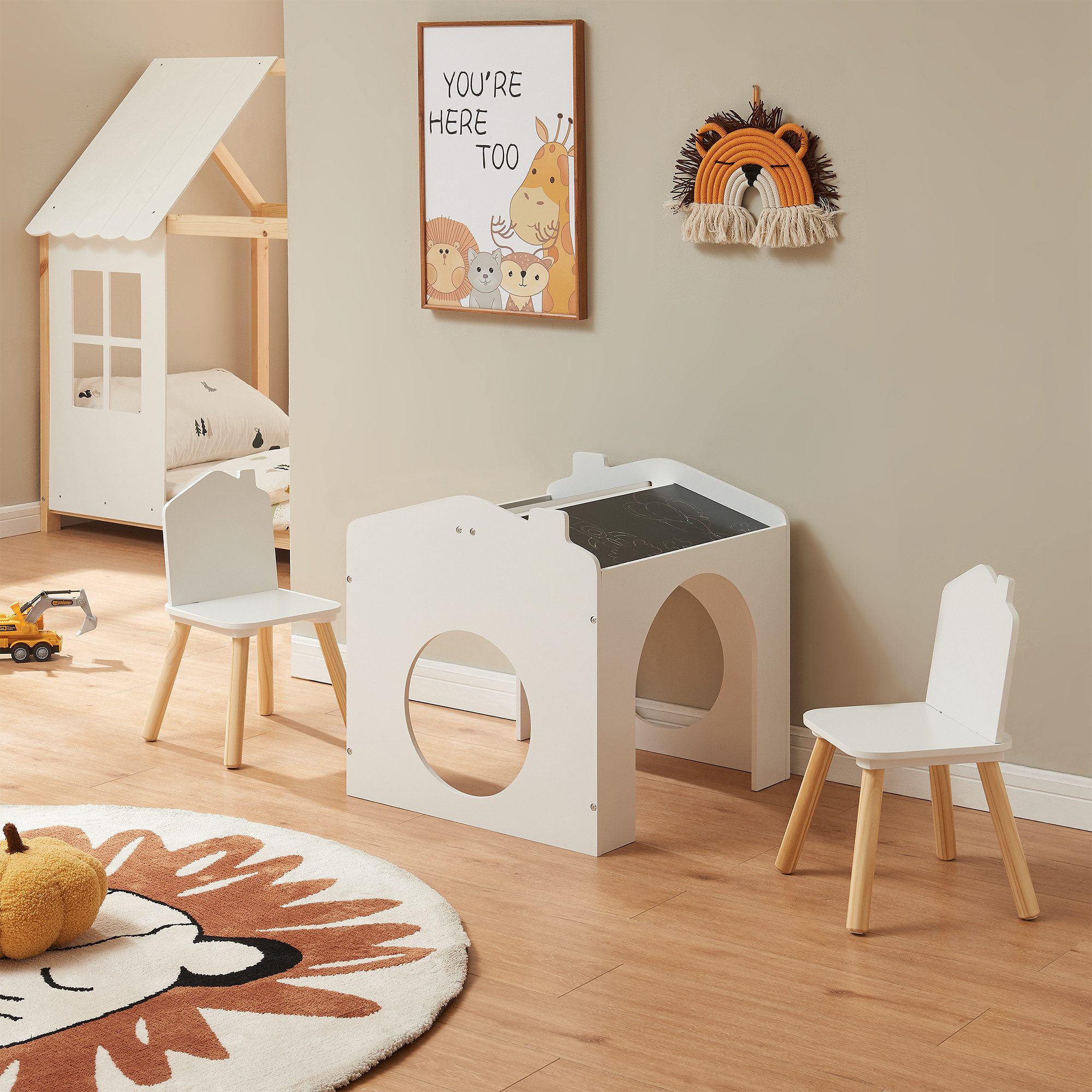 en.casa Kinderschreibtisch, »Romso« Zeichentisch für Kinder Kindertischset mit 2 Stühlen Weiß