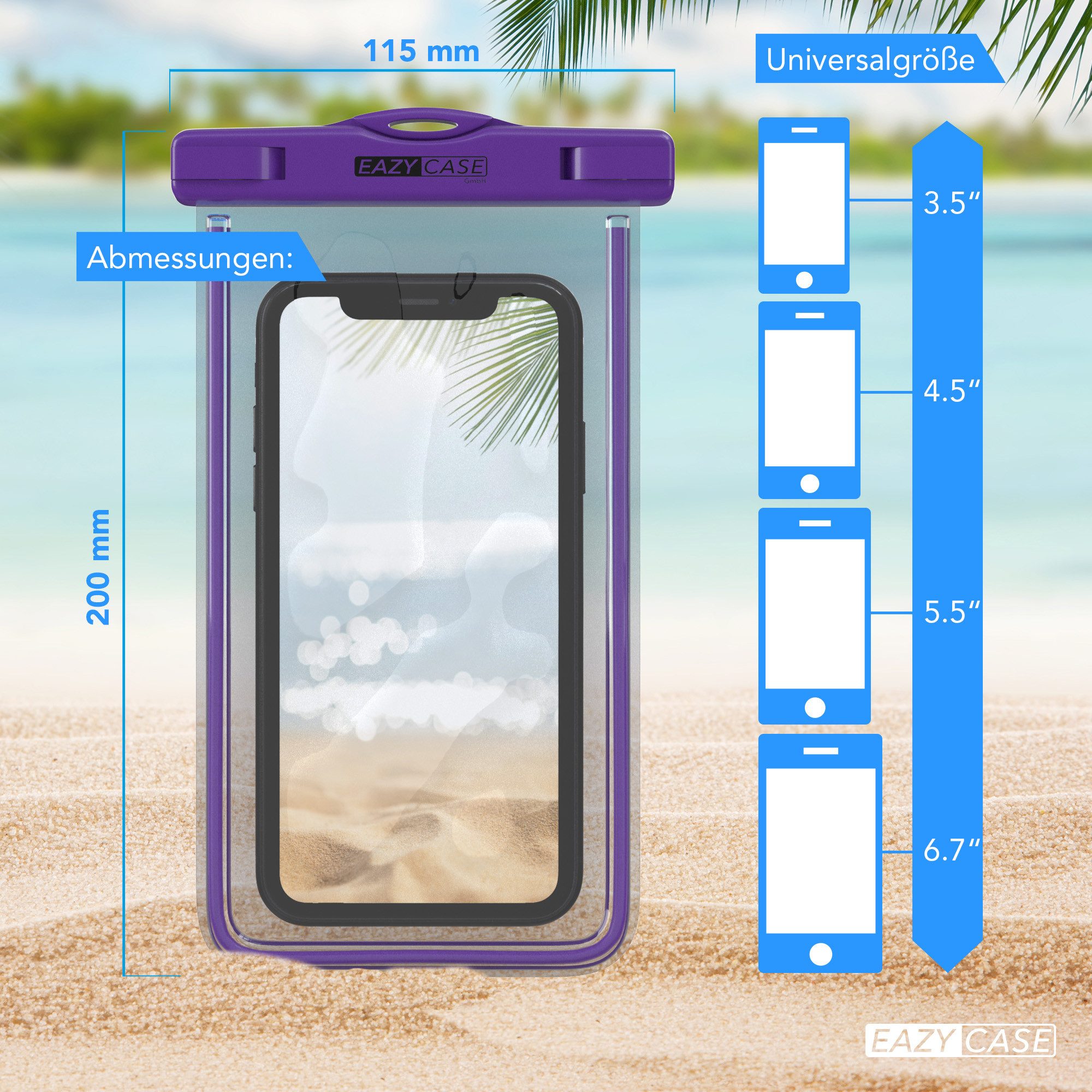 EAZY CASE Handyhülle Universale Unterwasser-Tasche für viele Modelle 3,5 - 6,7 Zoll, Unterwasser Taschen Unterwasserhülle mit IPX8 Schutz Handy Lila Dunkel