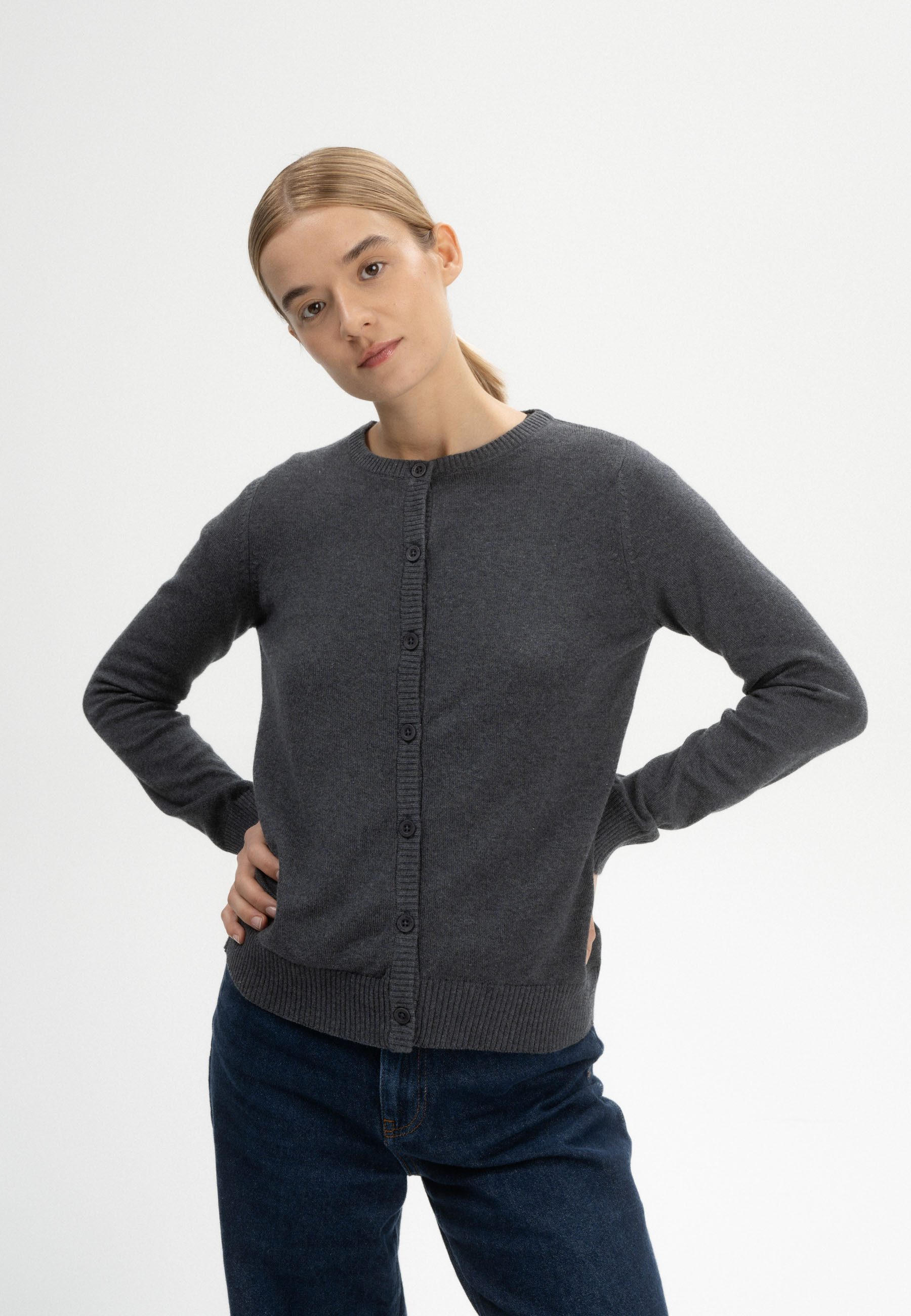 MELA Cardigan Feinstrick Cardigan Style NAMEEN Breite gerippte Struktur an Kragen und Knopfleiste