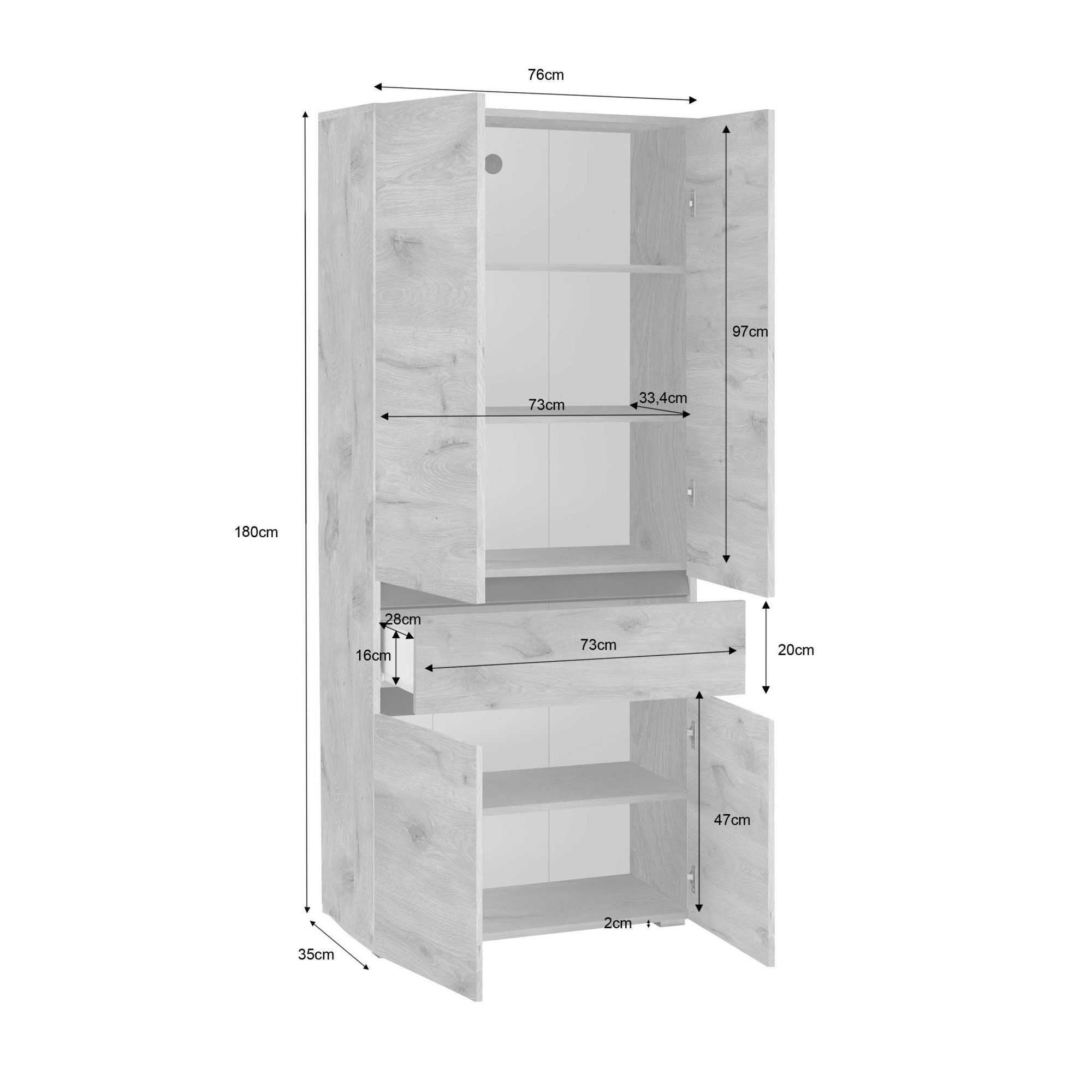 Home affaire Hochschrank Wisla mit 4 Türen & 1 Schublade, Breite 76 cm, Höhe 180 cm