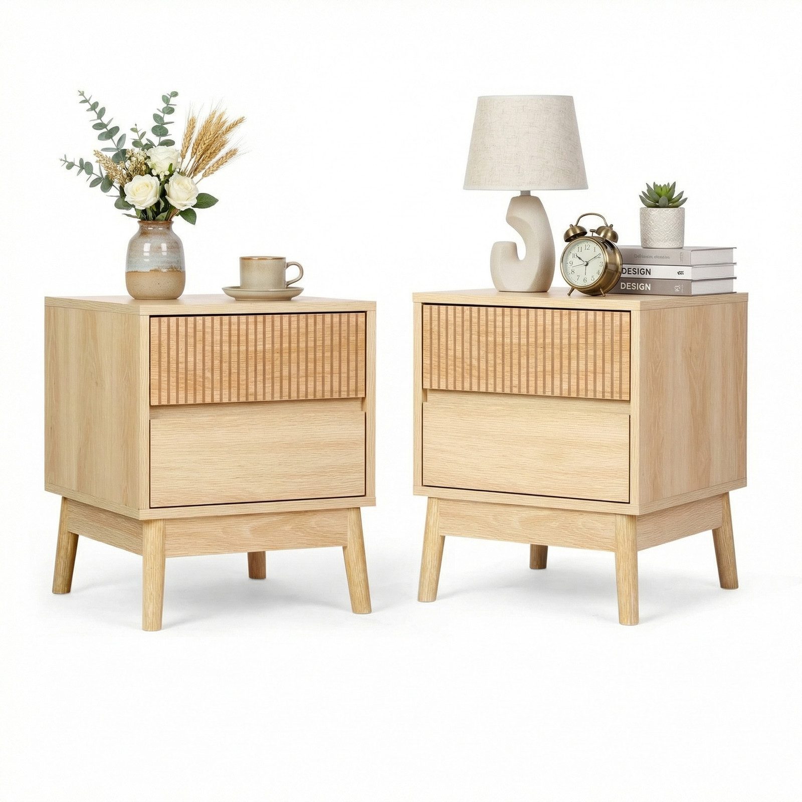 VOWNER Nachttisch 2er Set Holz mit 2 Schubladen, Moderner Boho Nachtschrank (2-St), Beistelltisch Couch mit Lagerung, für Schlafzimmer, Wohnzimmer