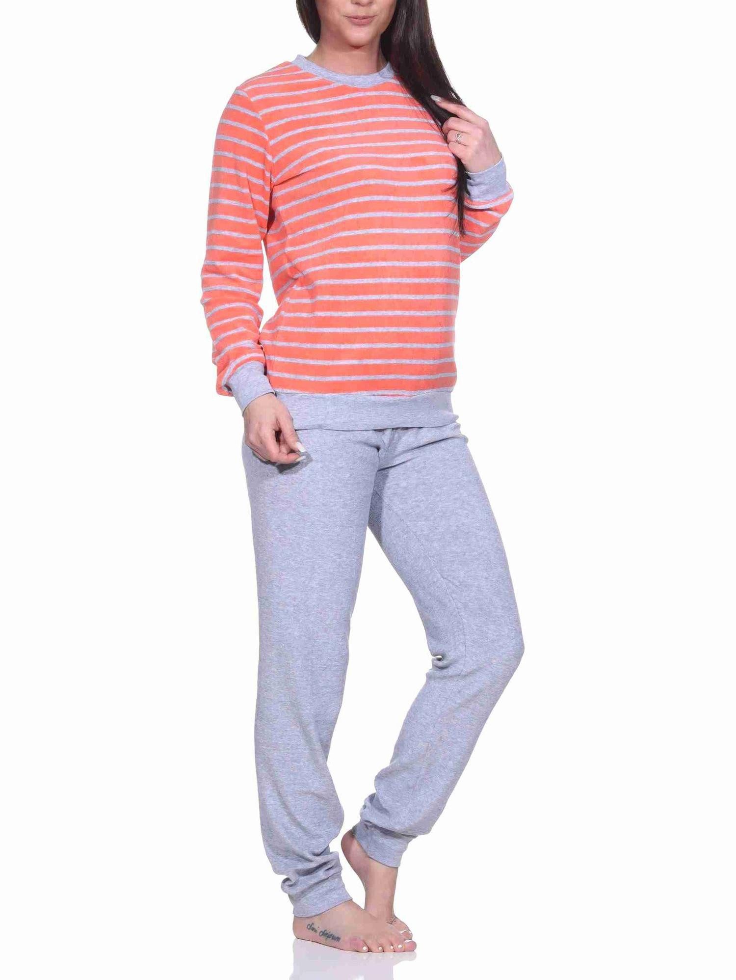 Pyjama Damen Frottee Pyjama langarm mit Bündchen in Streifenoptik